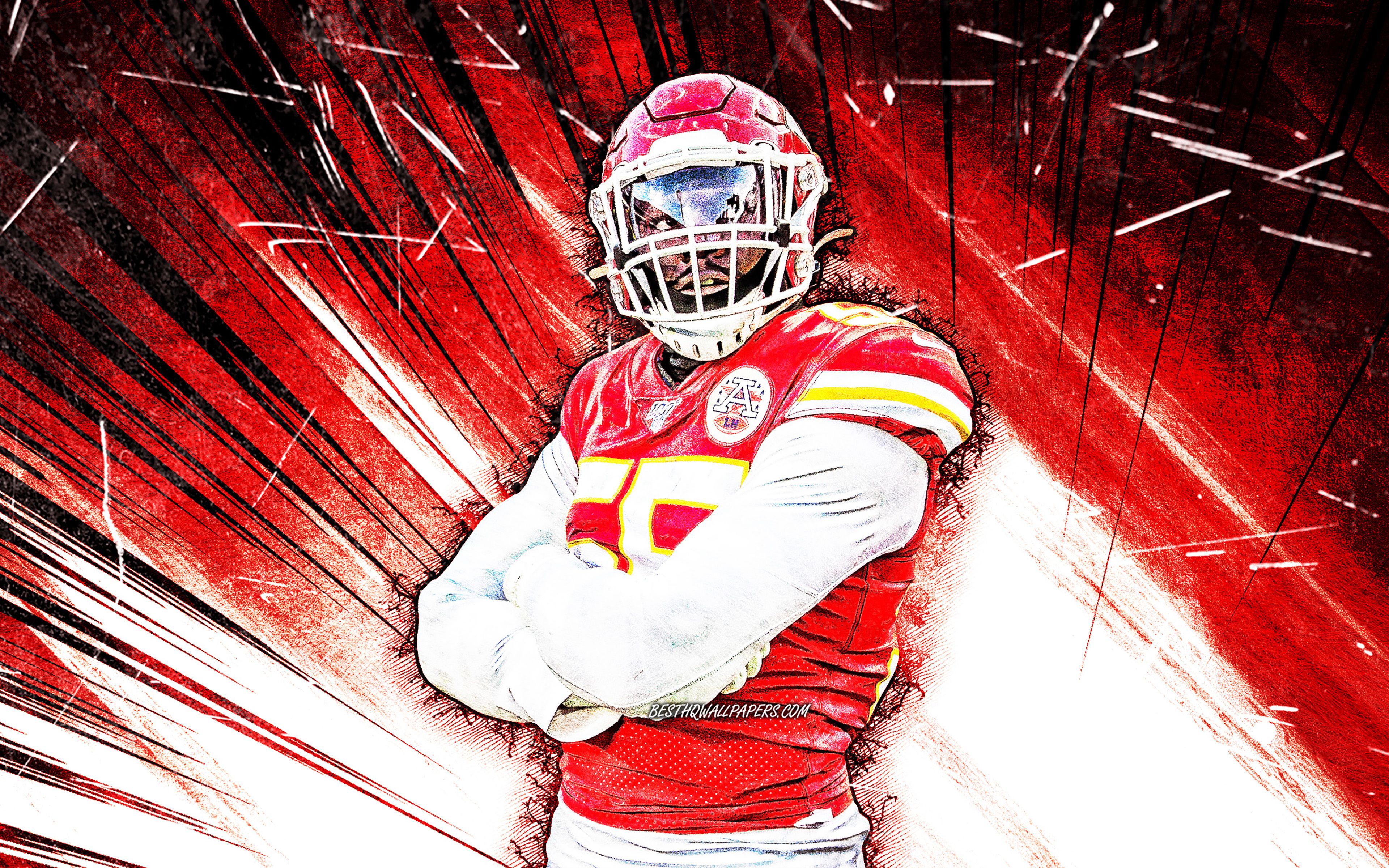 Download wallpaper 4k, Frank Clark, grunge art, Kansas City Chiefs, american football, NFL, Frank Dominick Clark, defensive end, National Football League, KC Chiefs, Frank Clark 4K, red abstract rays, Frank Clark KC