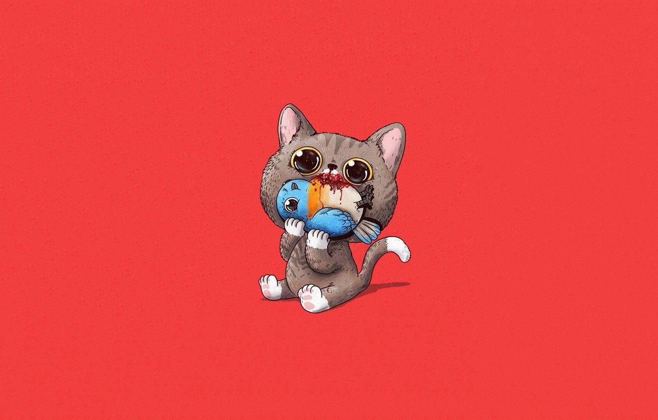 Wallpaper hopelessness, blood, the victim, bird, red background, art, grey cat, Alex Solis, food chain image for desktop, section минимализм