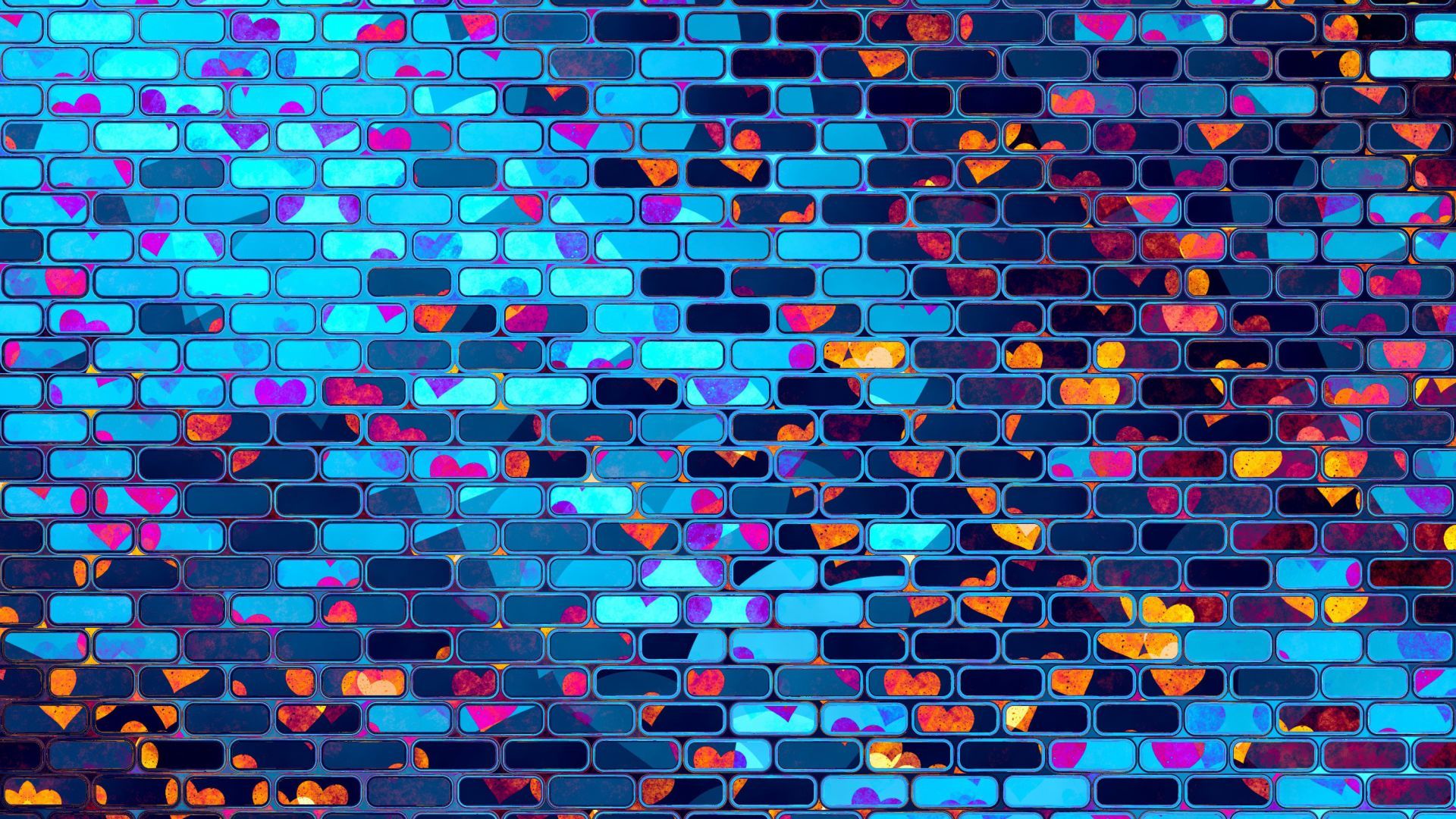 Desktop wallpaper neon, hearts, brick wall, HD image, picture, background, 702b35