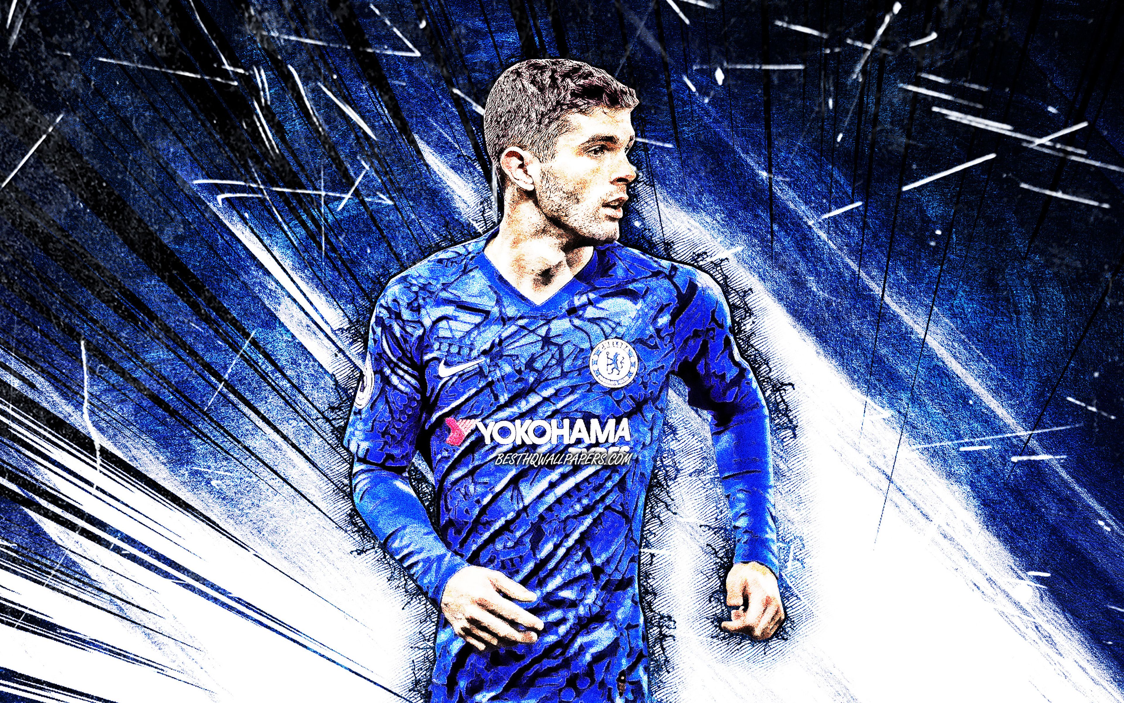 Download wallpaper 4k, Christian Pulisic, blue abstract rays, Chelsea FC, american footballers, soccer, England, Christian Mate Pulisic, Premier League, grunge art, Christian Pulisic 4K, Christian Pulisic Chelsea for desktop with resolution 3840x2400
