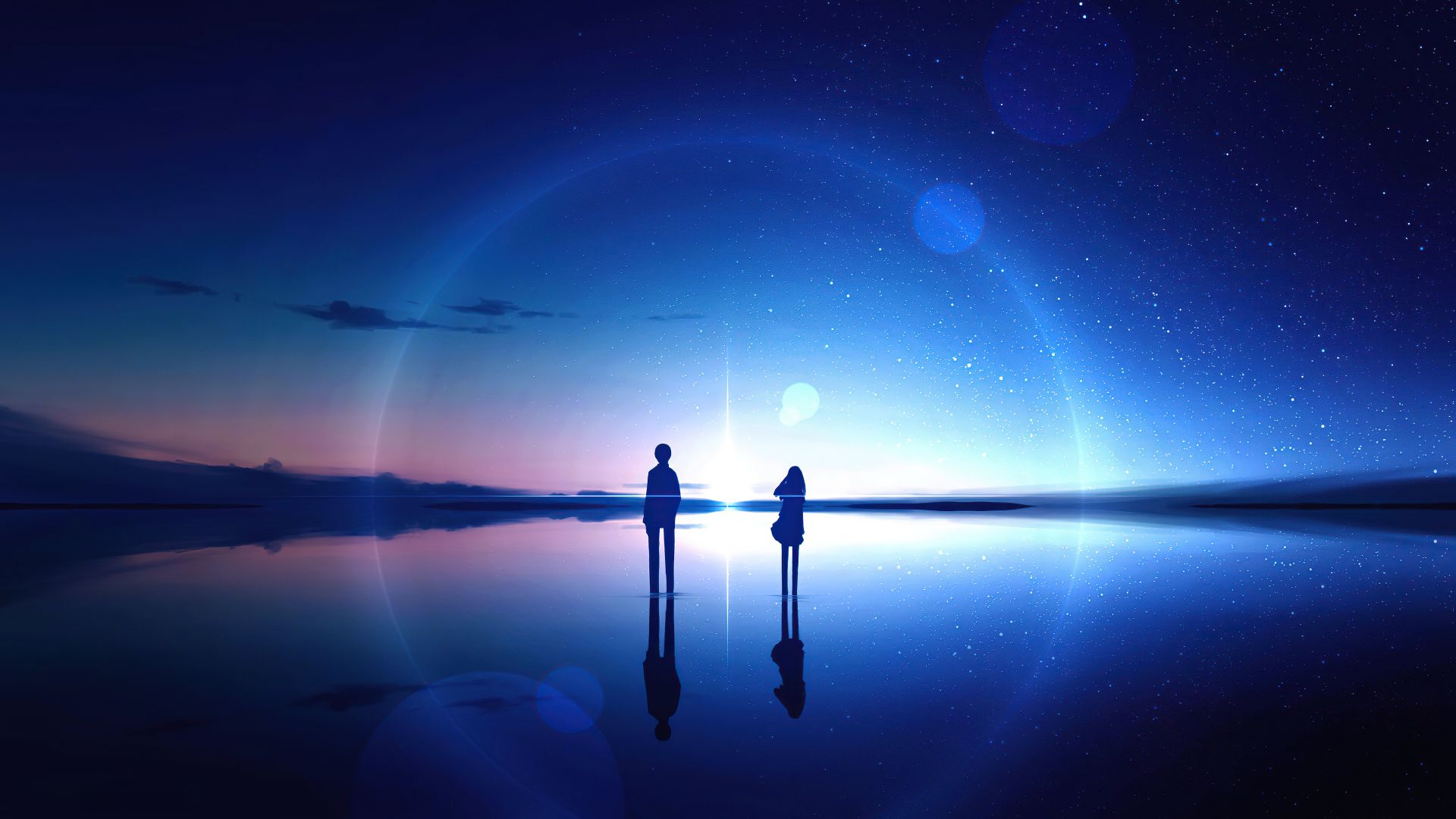 Desktop wallpaper anime, sky, stars, reflection, silhouette, digital art, HD image, picture, background, f2d14a