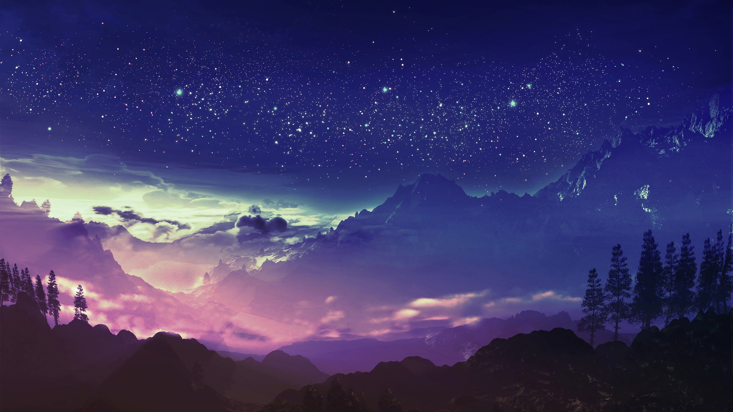Mountain Night Scenery Stars Landscape Anime 4K Wallpaper