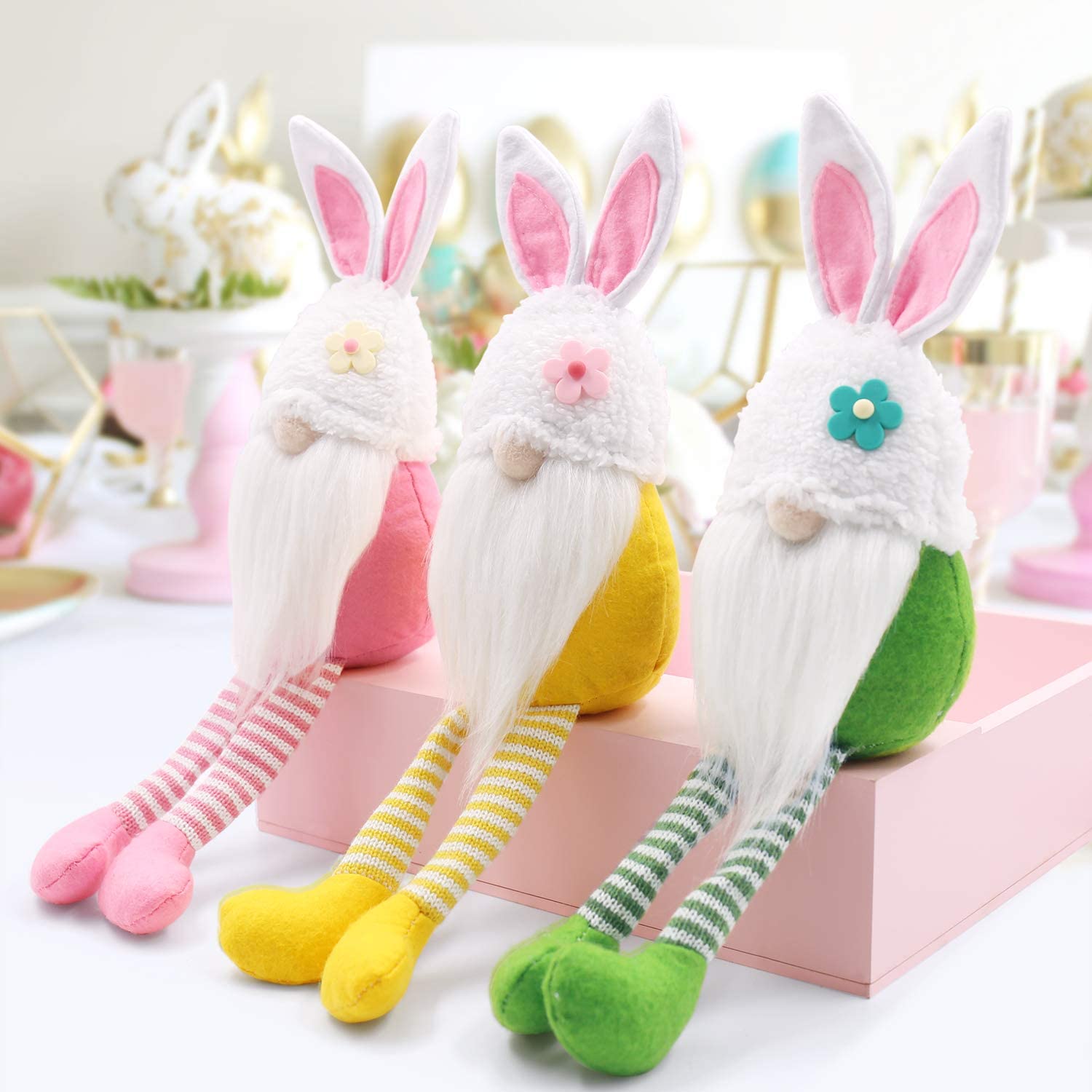 Bunny Gnomes Girls Birthday Gift Rabbit Tomte Nordic Swedish Nisse Scandinavian Tomte Elf Dwarf Home Household Decor Spring Easter Collectible Figurine Set of 3: Kitchen & Dining
