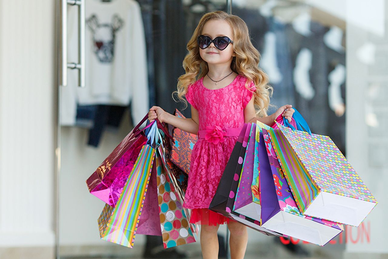 image Little girls buying Paper bag Children eyeglasses Dress