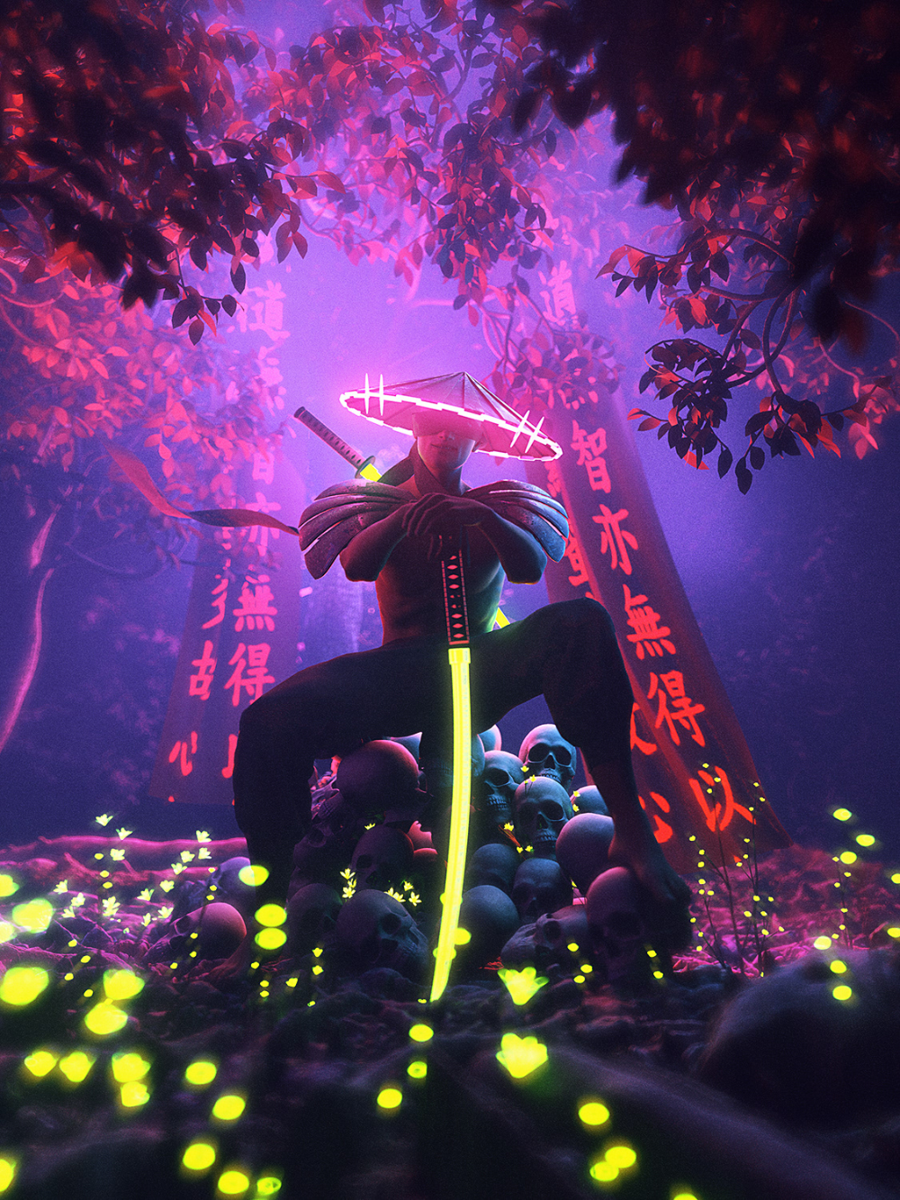 Cyberpunk Neon Samurai Sword Warrior HD WALLPAPER 