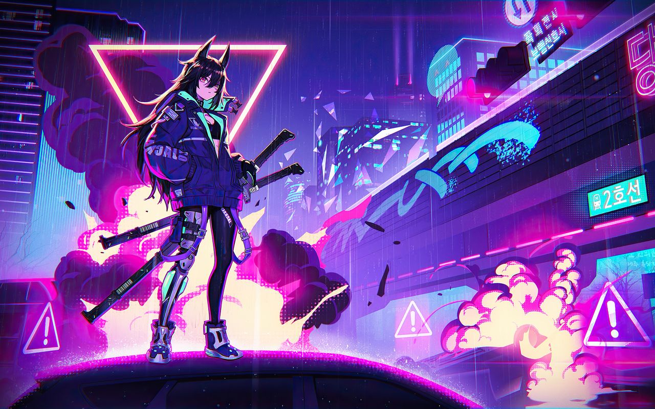 Katana Anime Girl Neon 4k 720P HD 4k Wallpaper, Image, Background, Photo and Picture