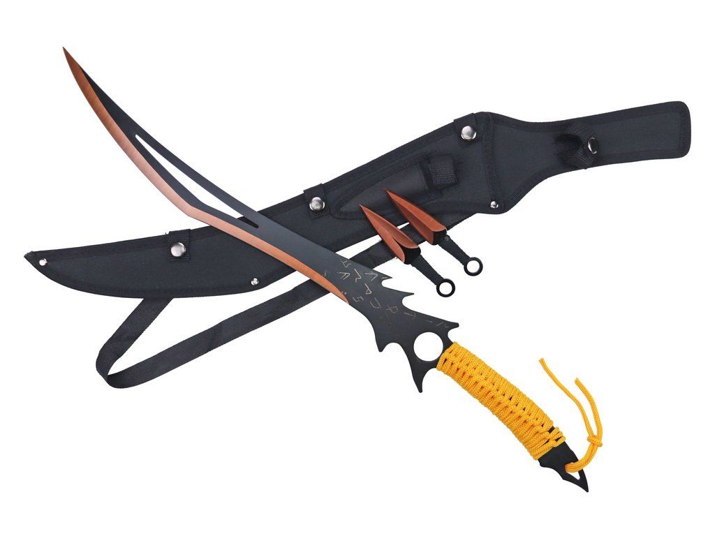 T 63101 OR 26 Orange Vented Black Blade Ninja Sword & Throwing Knives