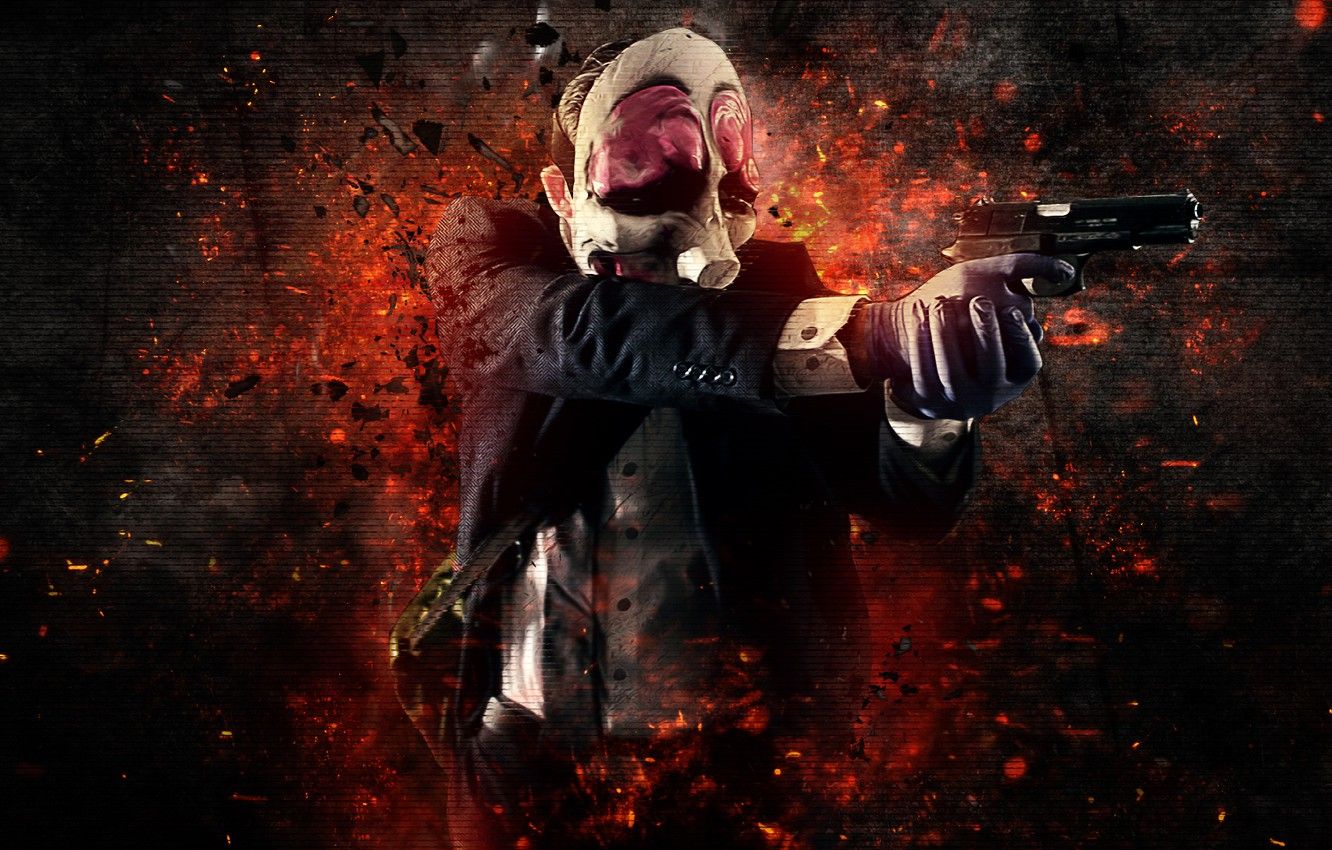 Wallpaper Gun, Background, Weapon, Money, Mask, Payday: The Heist, Video Game, Overkill Software, Bank Robbery, Hoxton, Colt M1911 image for desktop, section игры