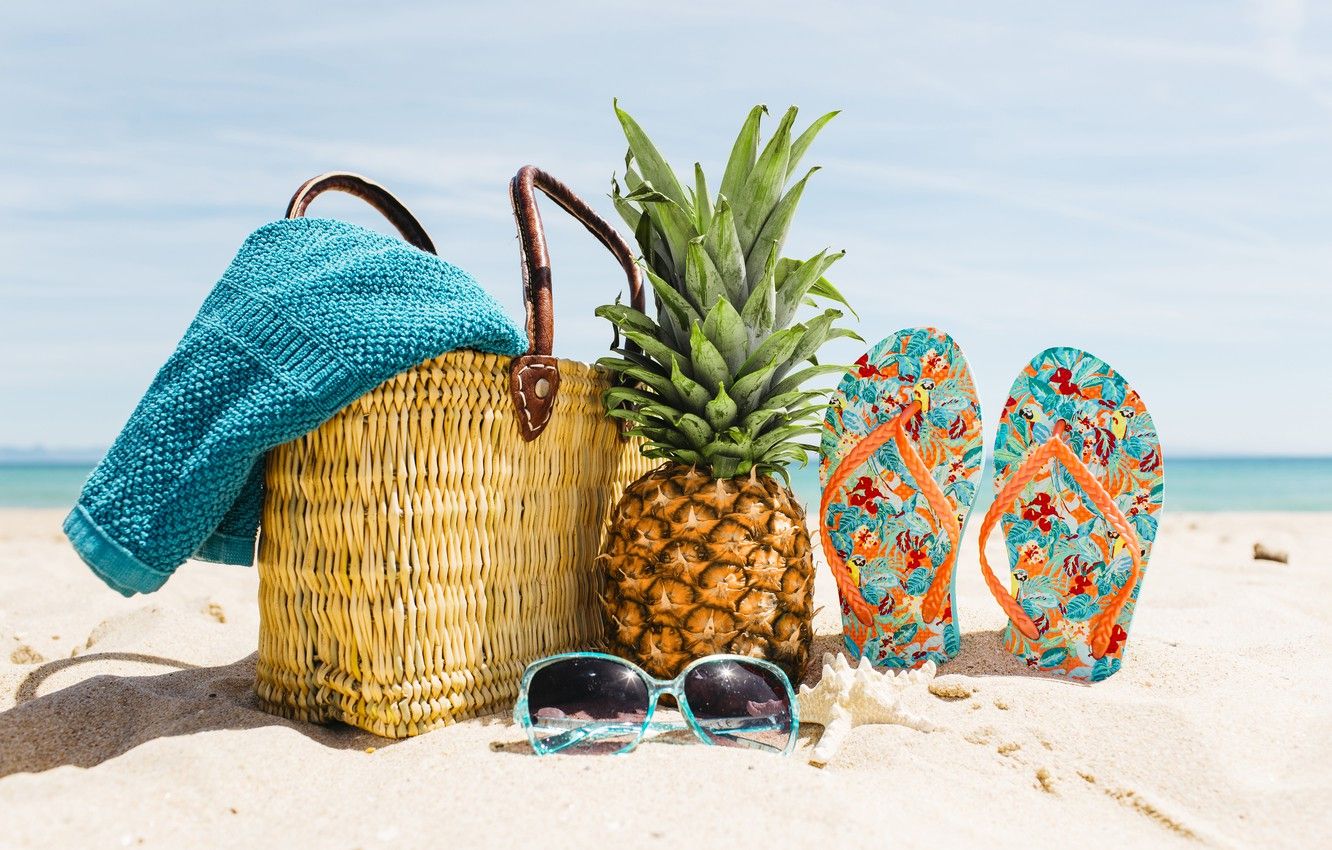 Wallpaper sand, sea, beach, summer, stay, glasses, summer, bag, pineapple, beach, vacation, sea, sand, pineapple, slates, vacation image for desktop, section настроения