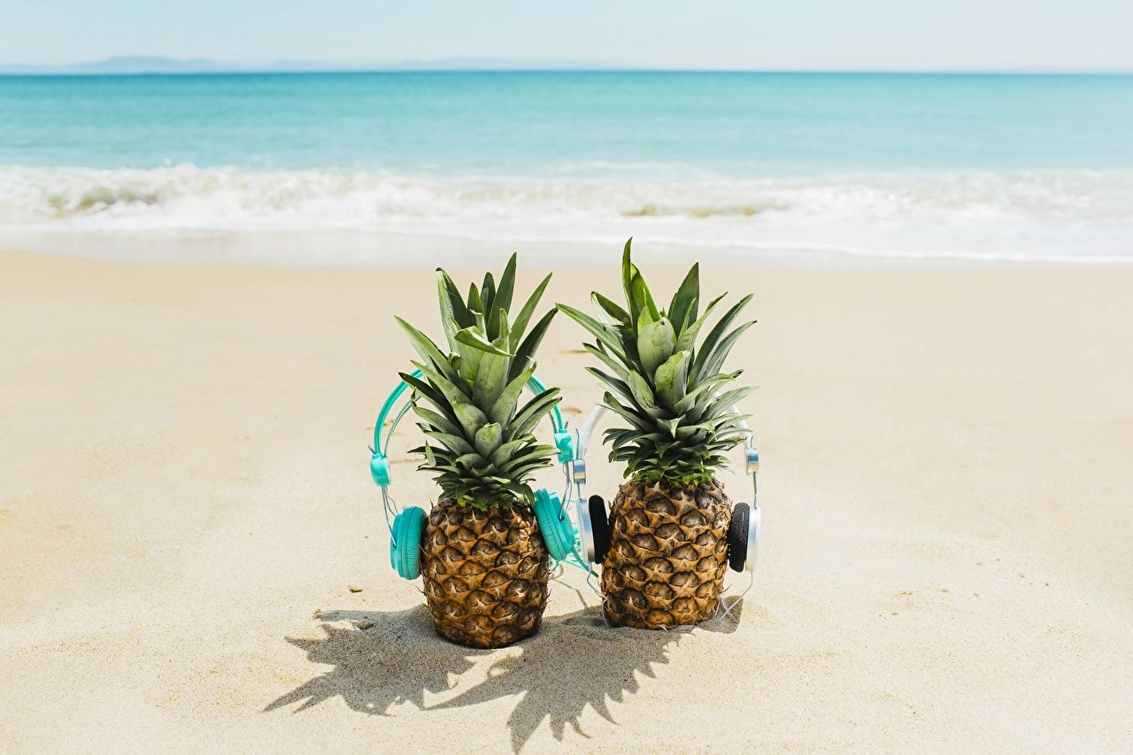 Photo Headphones beaches Two Pineapples Food