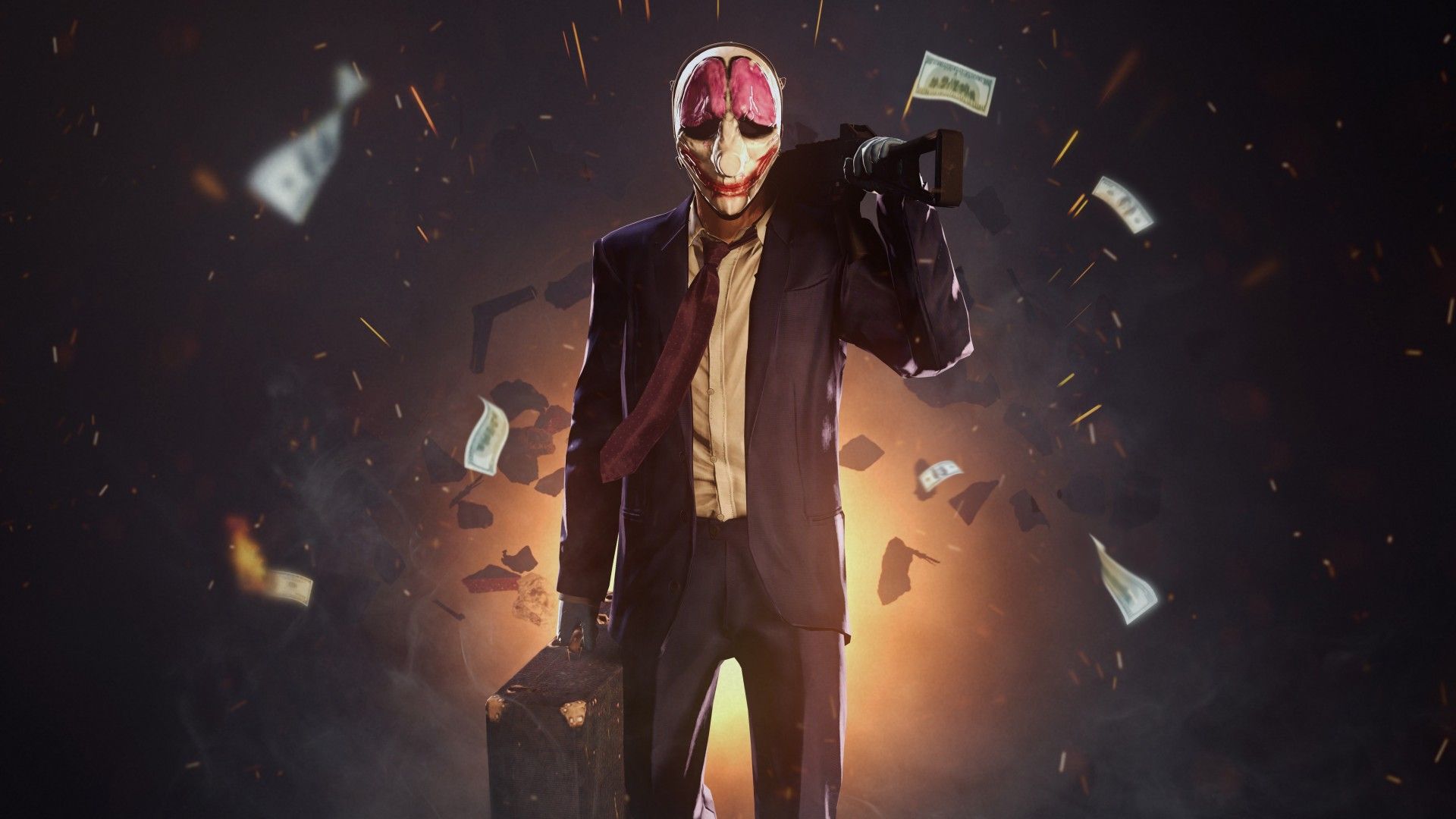 Wallpaper Payday game, shooter, stealth, FPS, Houston, clown, suit, rifle, money, robbery, bank, Games