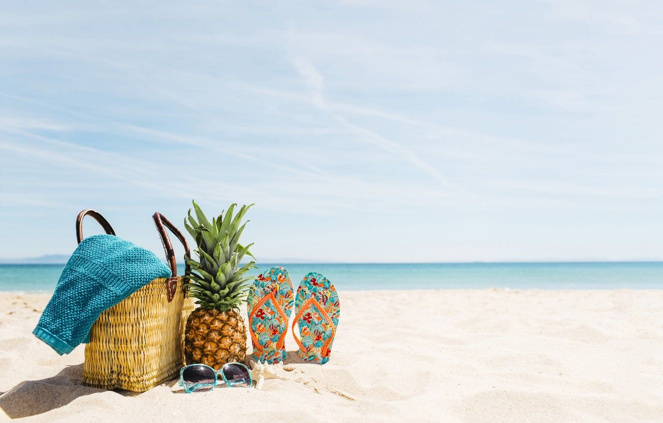 Wallpaper sand, sea, beach, summer, stay, glasses, summer, bag, pineapple, beach, vacation, sea, sand, pineapple, slates, vacation image for desktop, section настроения