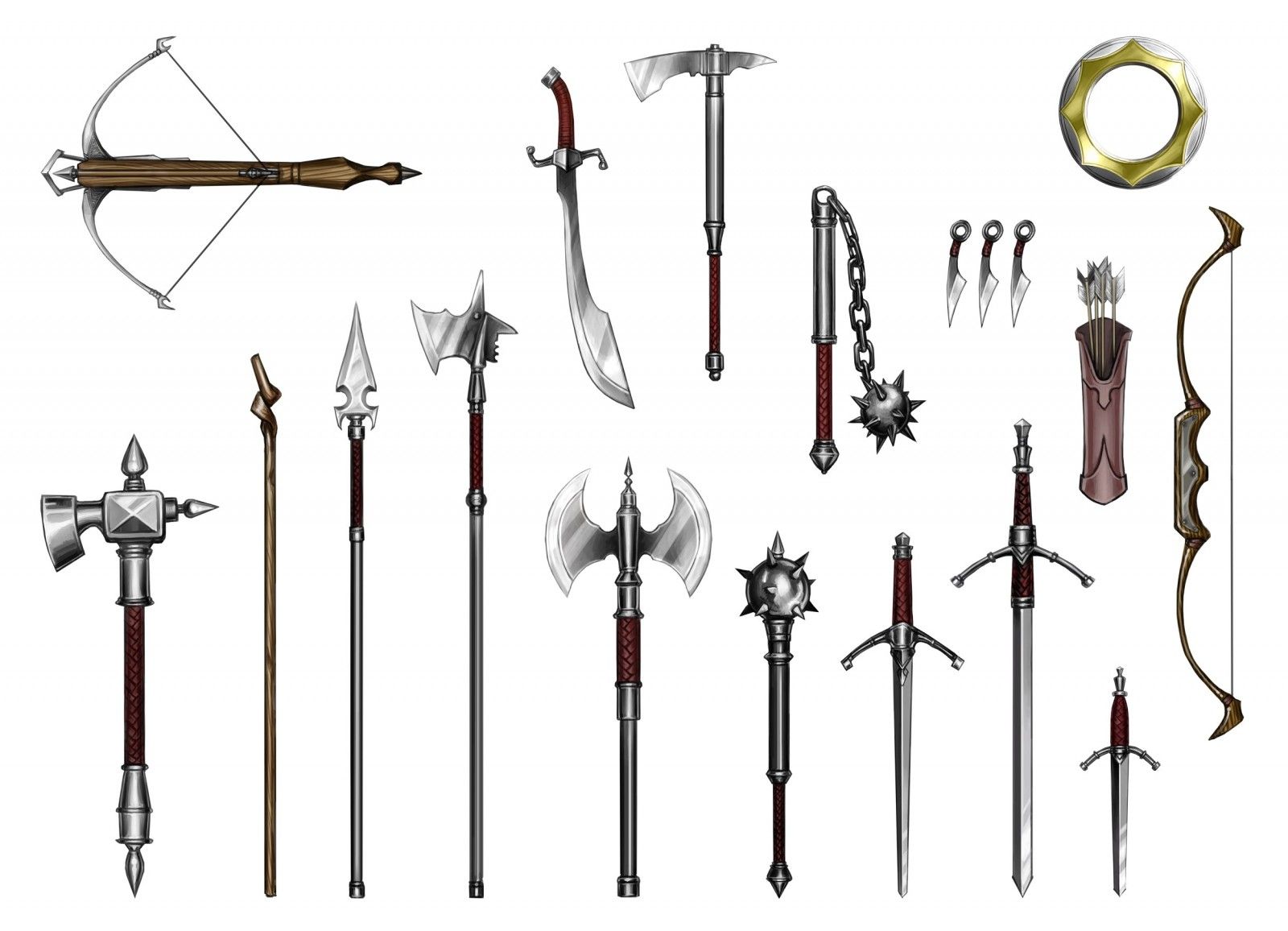 Wallpaper, weapon, spear, bow and arrow, arrows, long sword, flail, mace, battle axe, short sword, quiver, scimitar, halberds, war hammer, crossbow, line 2500x1807