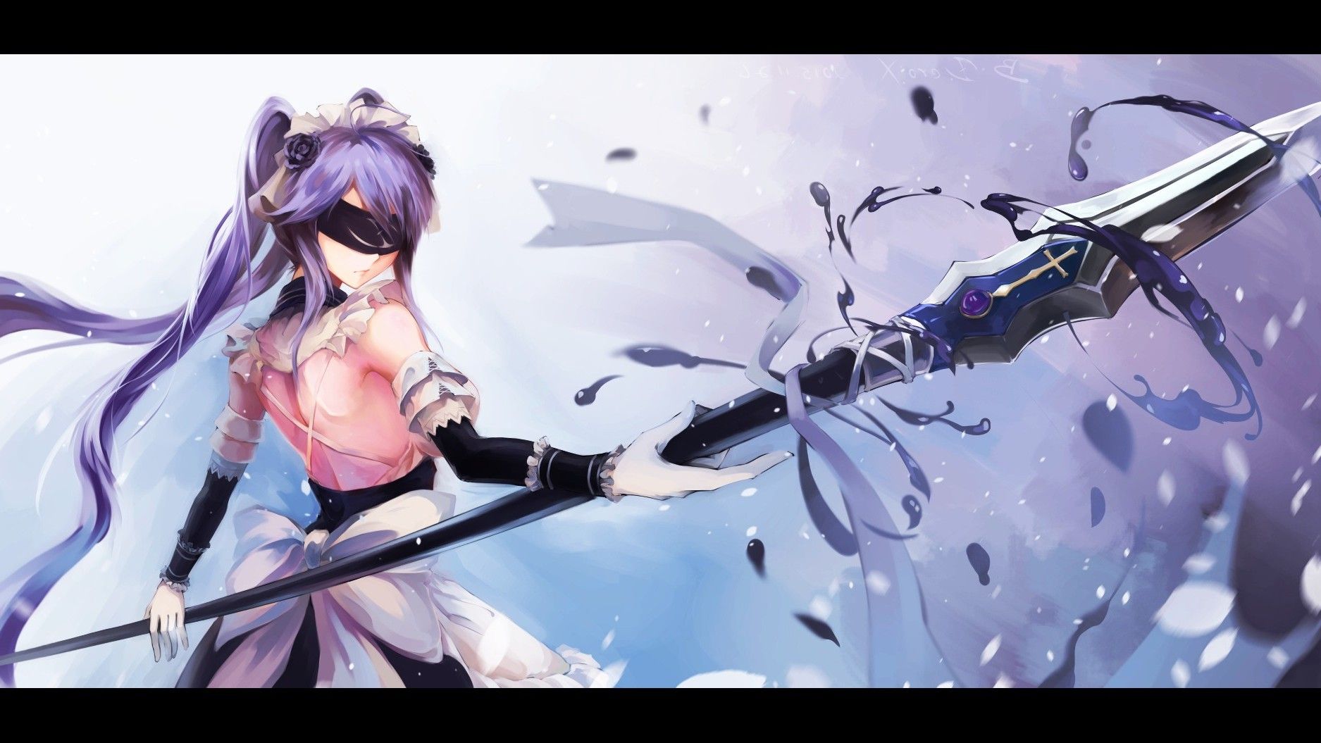 anime, Anime Girls, Blindfold, Spear, Weapon, Purple Hair, Twintails, Original Characters Wallpaper HD / Desktop and Mobile Background