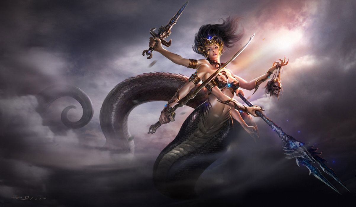 Supernatural beings Warriors Swords Spear Tail Fantasy Girls weapons skulls dark weapons wallpaperx1117