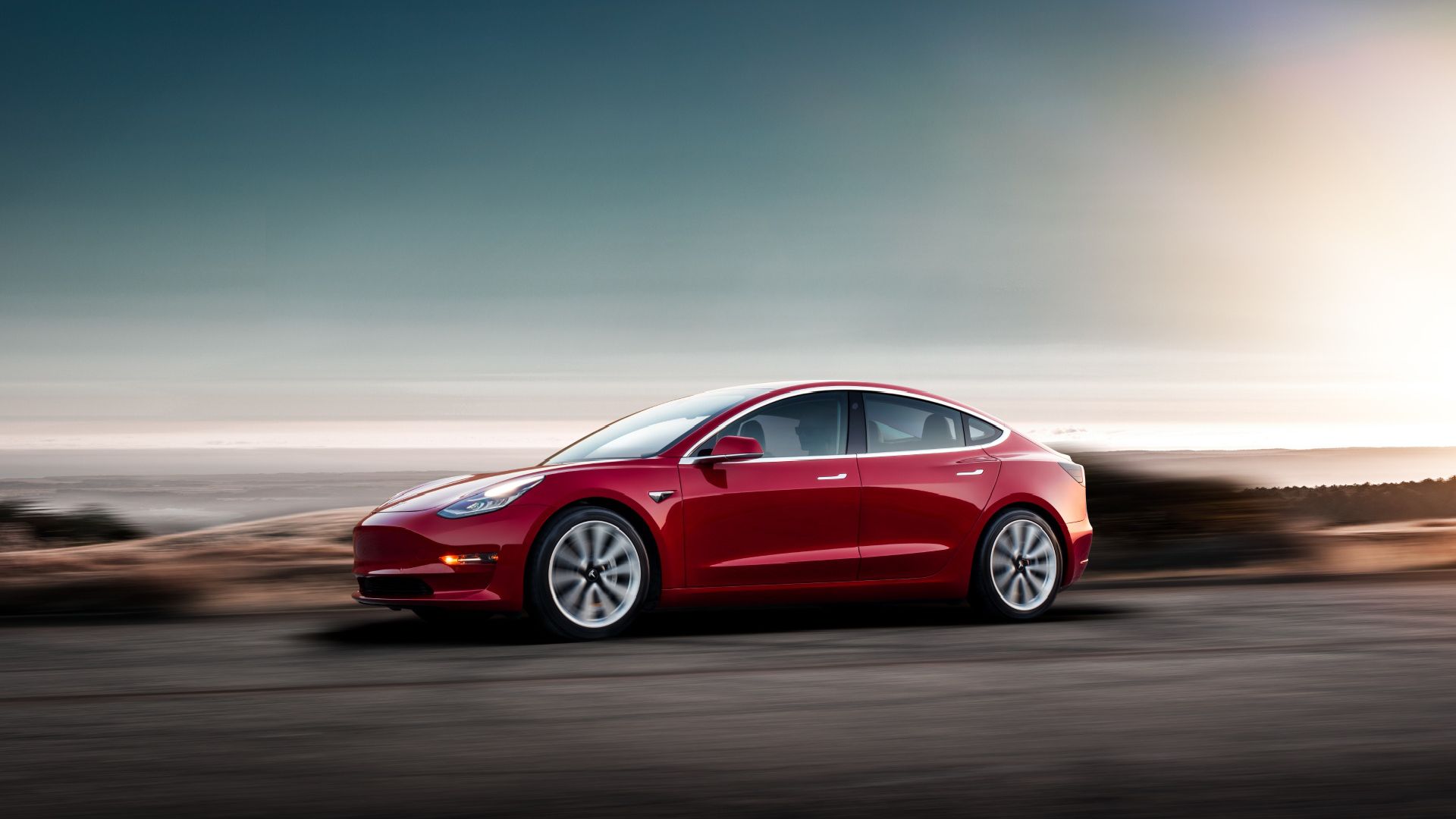 Red Tesla Model 3 Electric Car, Driving, Sunset Download HQ Wallpaper