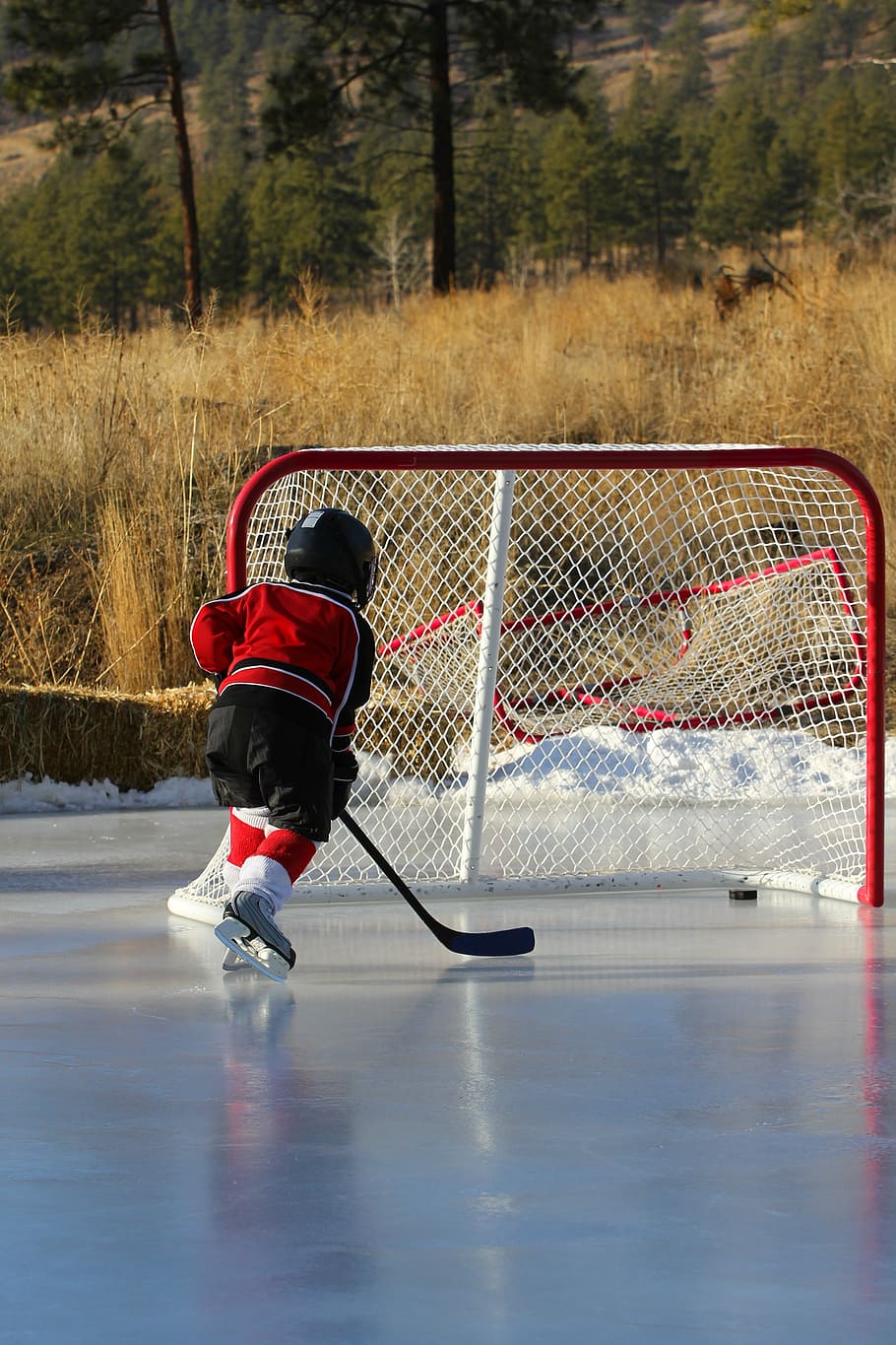 Kid Playing Hockey, Outdoor Rink, Net, Goal, Hockey Hockey Hockey Mom Meme