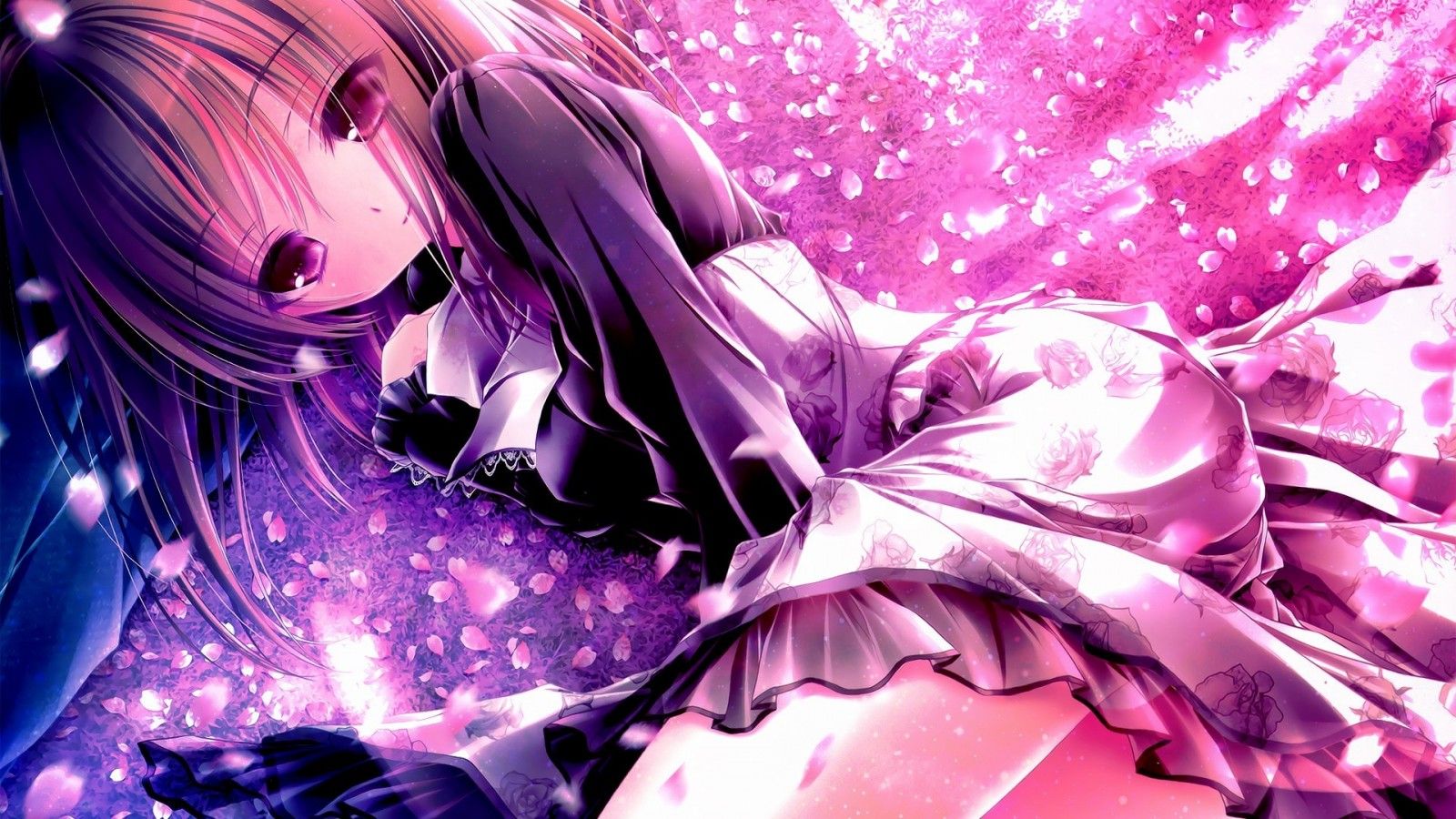 Wallpaper, anime girls, pink, purple eyes, Ro Kyu Bu, Kashii Airi, flower, petal, computer wallpaper 1920x1080