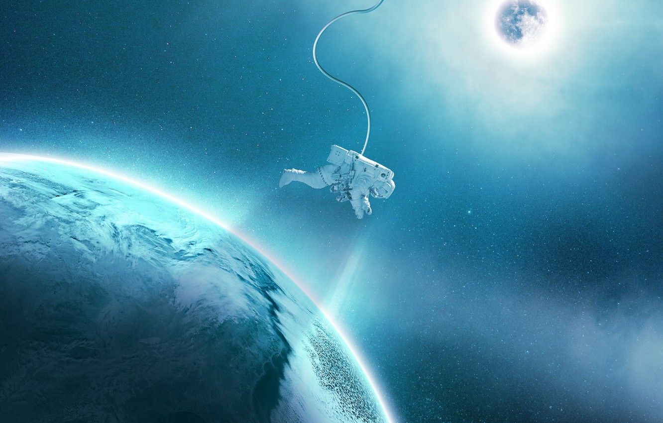 Wallpaper space, stars, light, blue, planet, satellite, astronaut, the suit, orbit, astronaut image for desktop, section космос