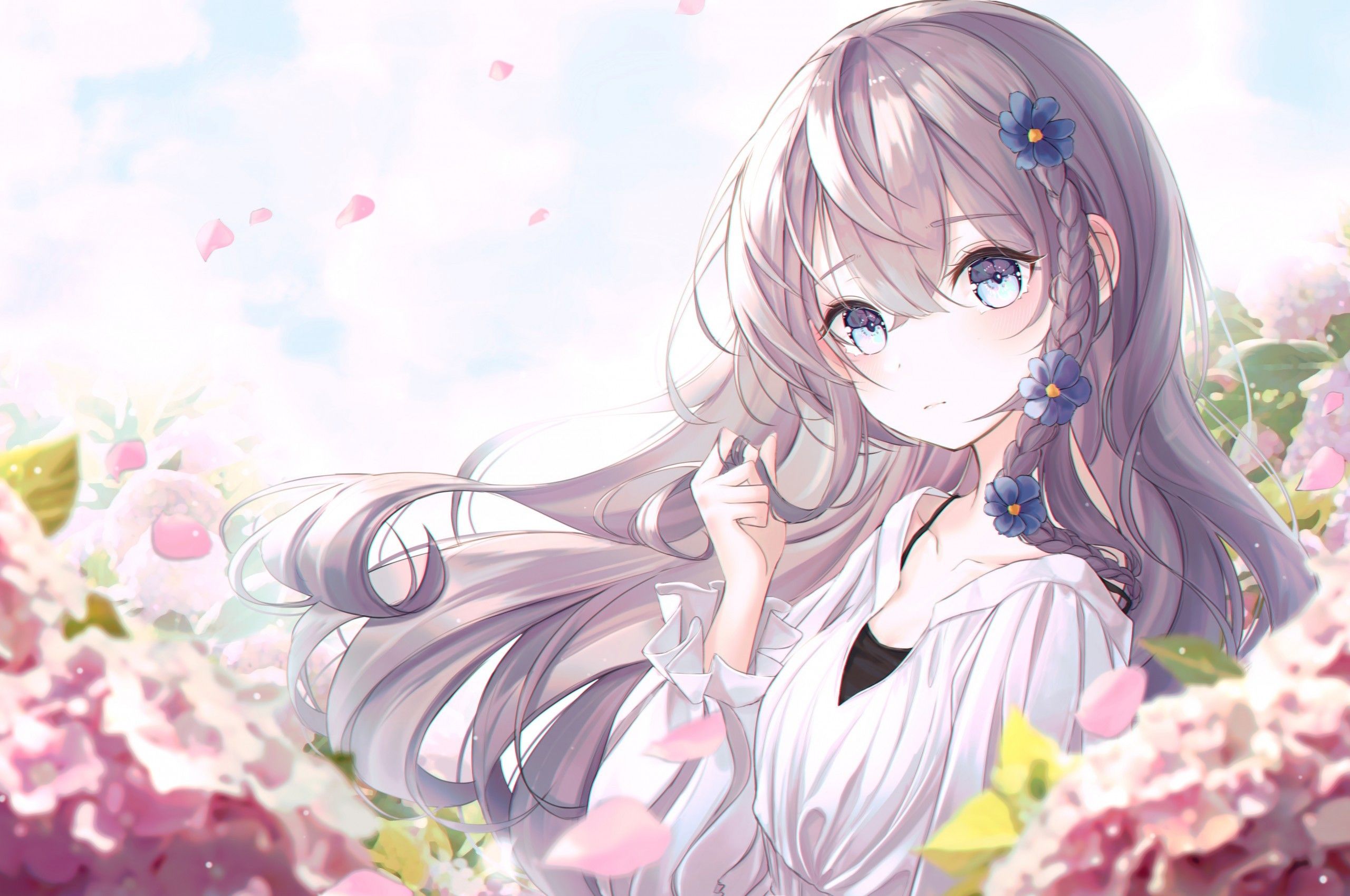 Download 2560x1700 Anime Girl, Garden, Spring, Long Hair Wallpaper for Chromebook Pixel