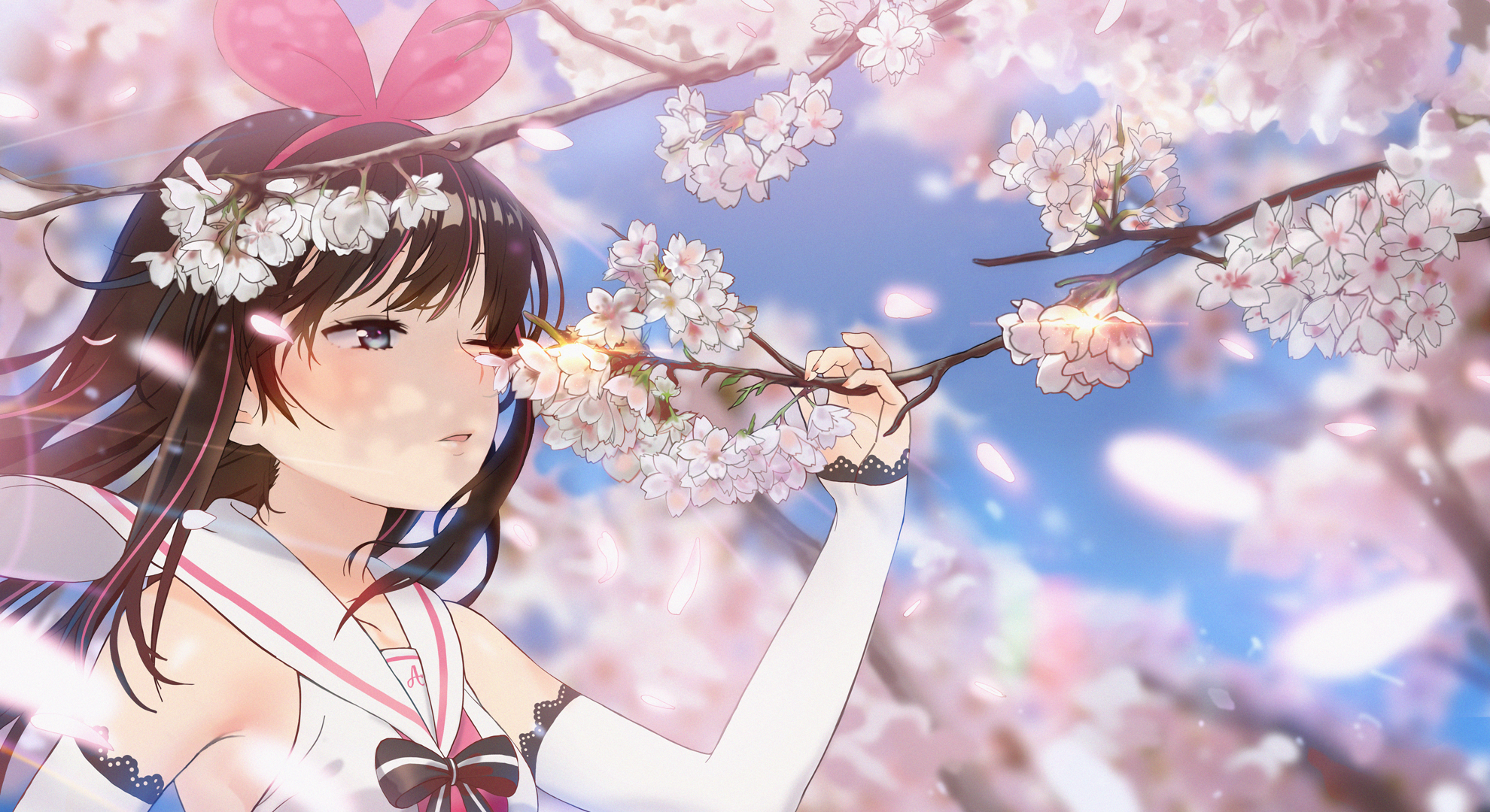 Kizuna Ai Virtual Youtuber Anime Girls Anime Brunette Long Hair Portrait Cherry Blossom Spring Depth Wallpaper:1980x1080