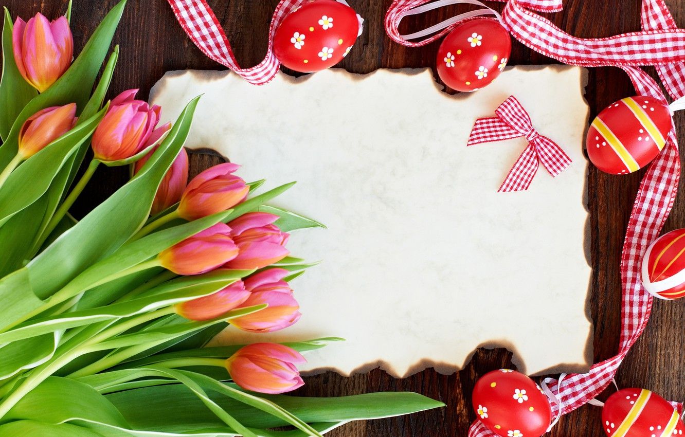 Wallpaper Easter, tulips, red, flowers, tulips, eggs, easter, card image for desktop, section праздники