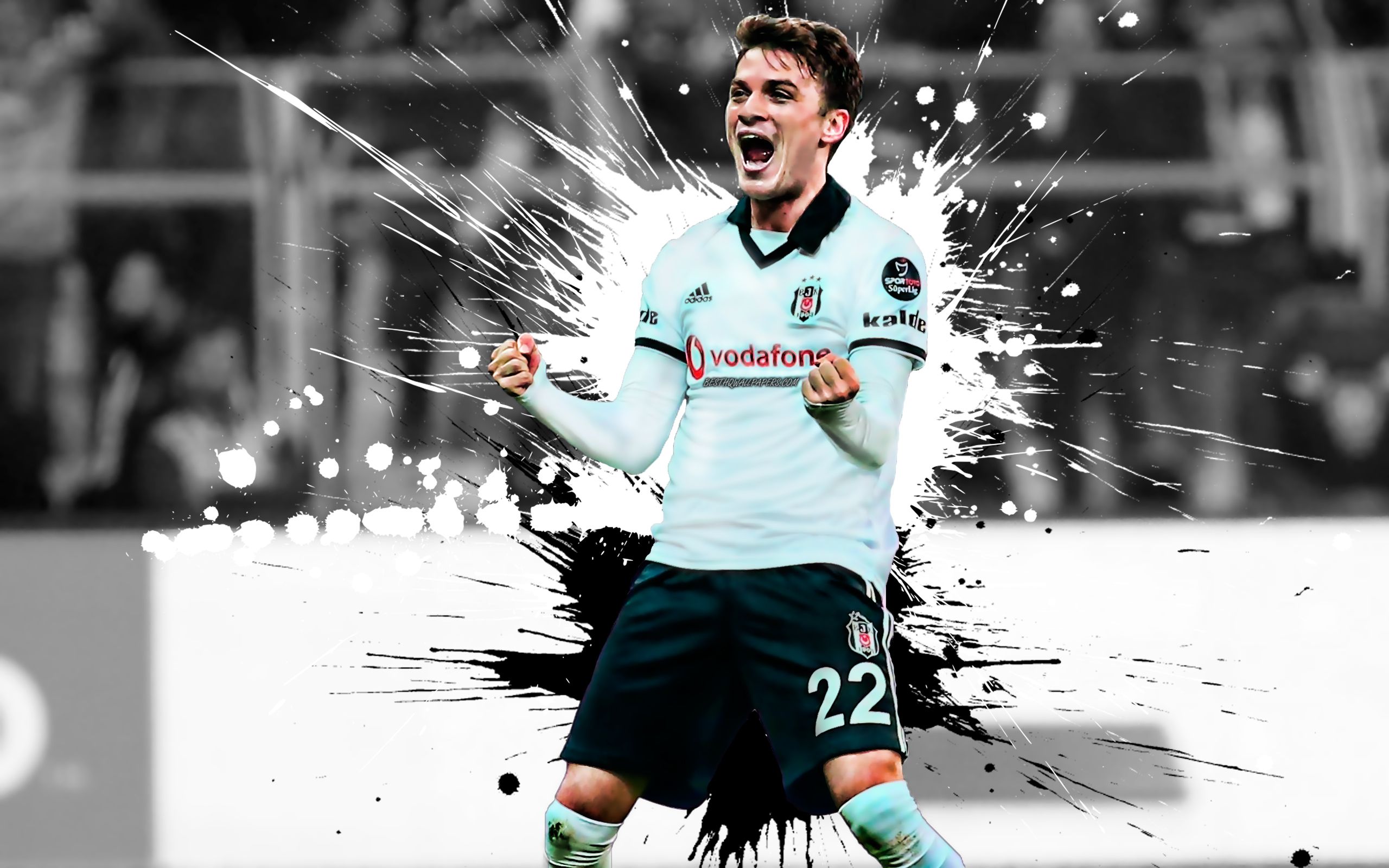 Download wallpaper Adem Ljajic, 4k, Serbian football player, Besiktas, Midfielder, black and white paint splashes, creative art, Turkey football, grunge, Ljajic for desktop with resolution 2560x1600. High Quality HD picture wallpaper