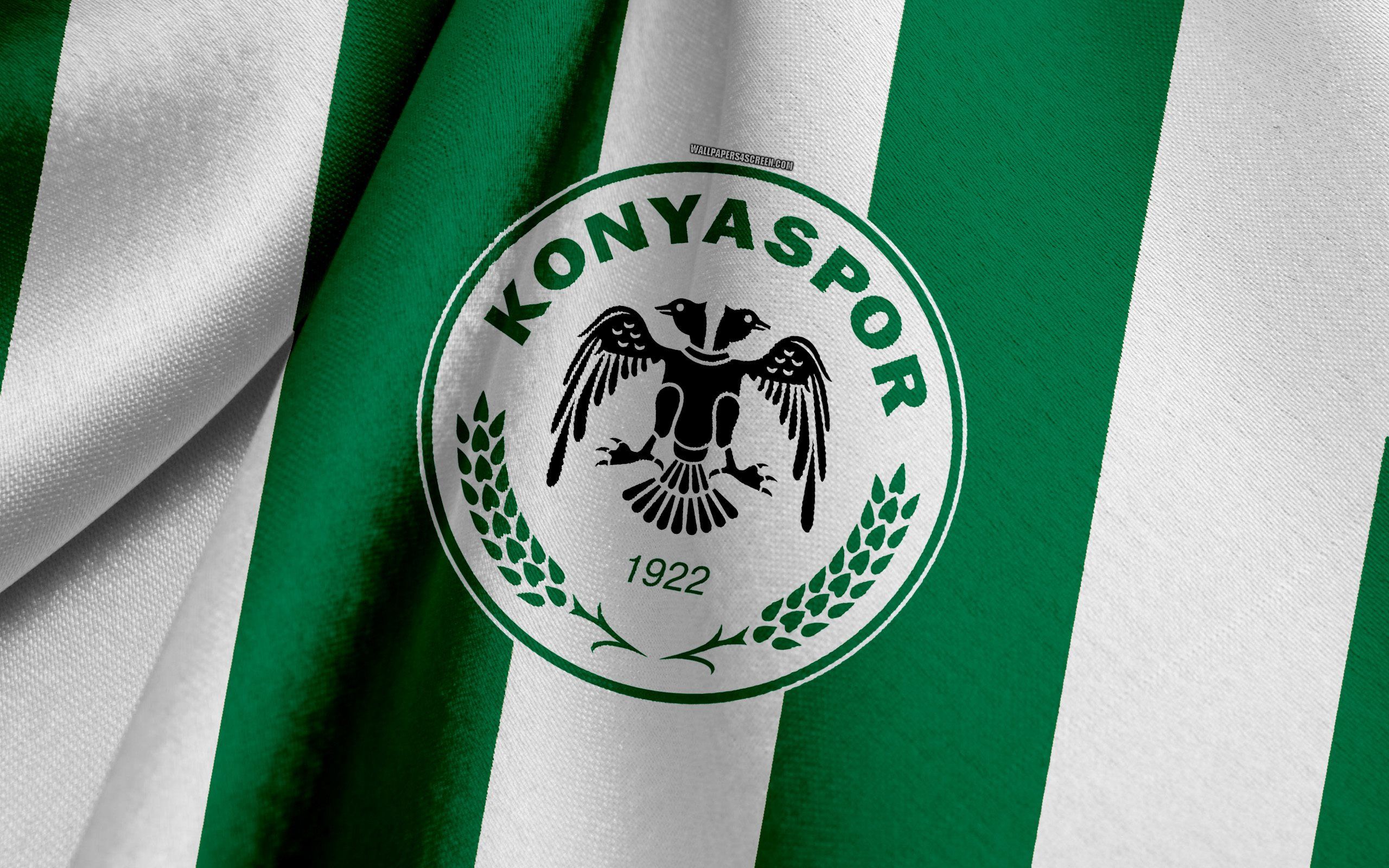 Download wallpaper Konyaspor, Turkish football team, green white flag, emblem, fabric texture, logo, Konya, Turkey for desktop with resolution 2560x1600. High Quality HD picture wallpaper