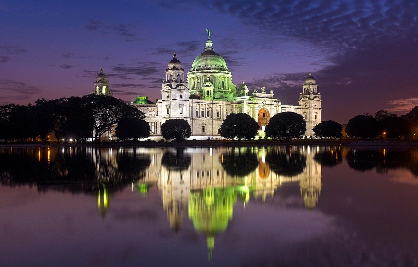Wallpaper night, lights, reflection, India, Kolkata, Victoria Memorial image for desktop, section пейзажи