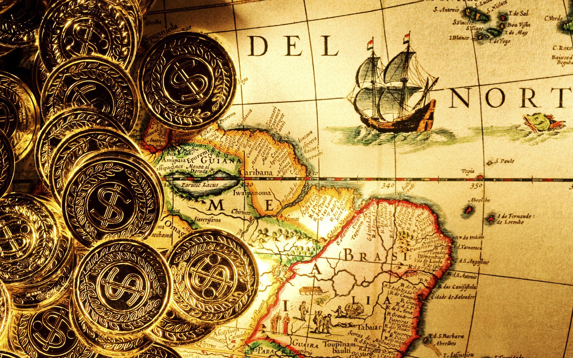 bullion, Gold, Coins, Money, Dollars, Ingots, Fantasy, Pirate, Maps, Ships, Detail, Paper, Islands, Land, Ocean, Sea, Sail, Direction, Shine, World, Color, Degrees Wallpaper HD / Desktop and Mobile Background