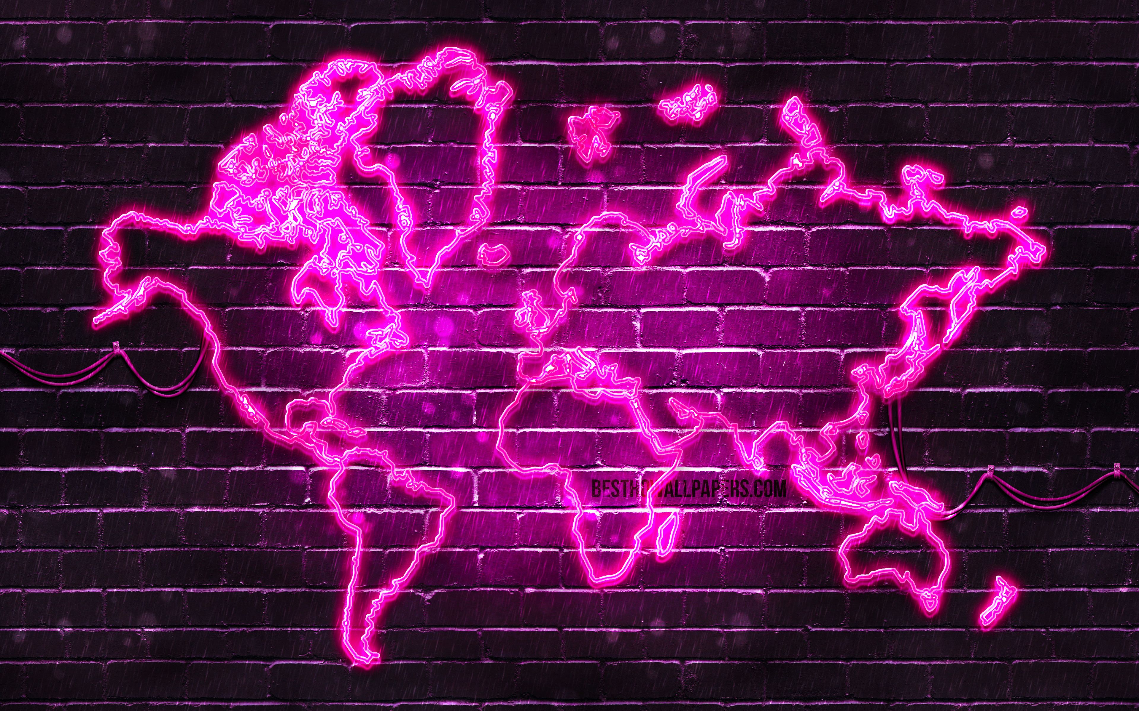 Download wallpaper Purple neon World Map, 4k, purple brickwall, World Map Concept, Purple World Map, World Maps for desktop with resolution 3840x2400. High Quality HD picture wallpaper