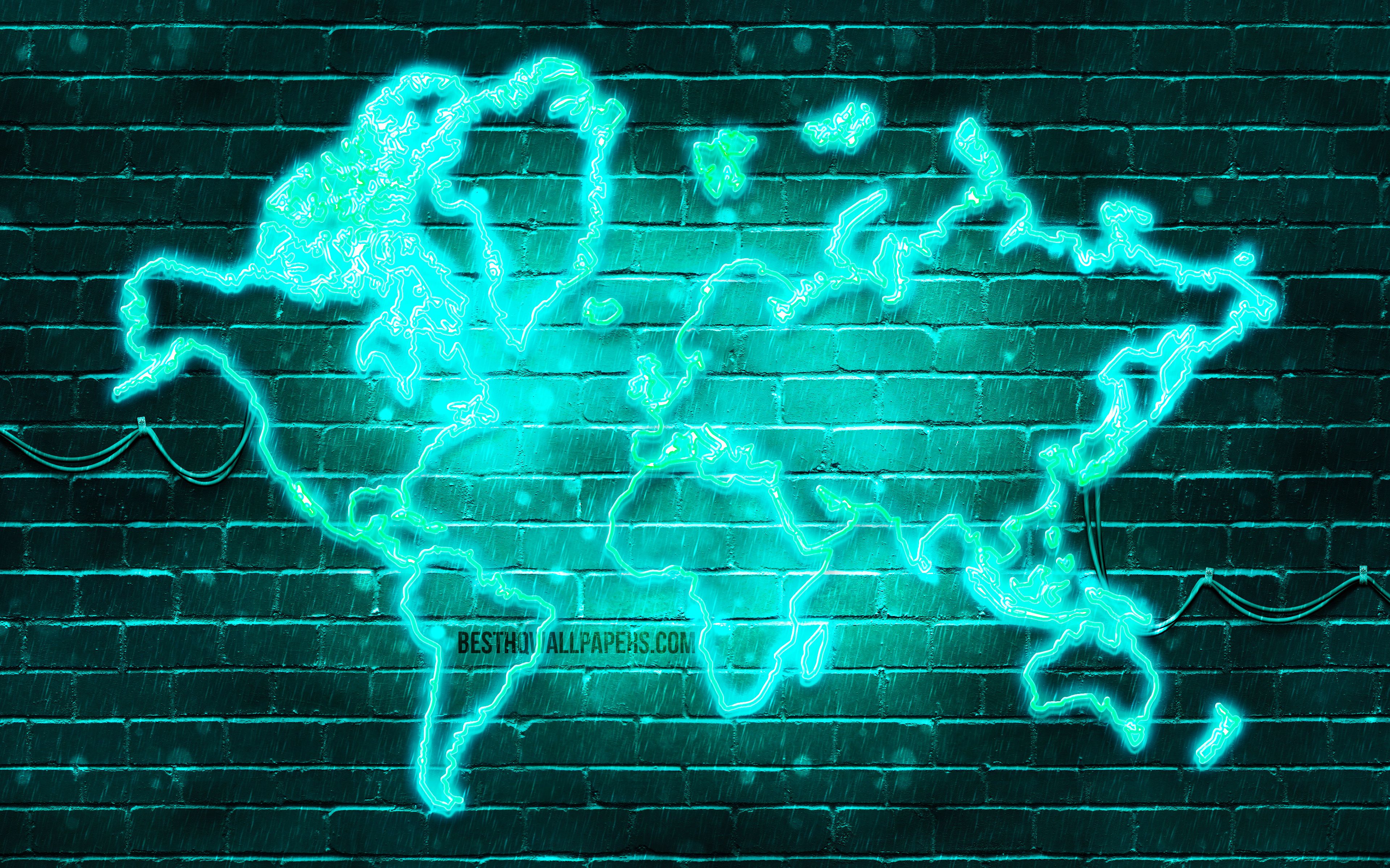 Download wallpaper Turquoise neon World Map, 4k, turquoise brickwall, World Map Concept, Purple World Map, World Maps for desktop with resolution 3840x2400. High Quality HD picture wallpaper