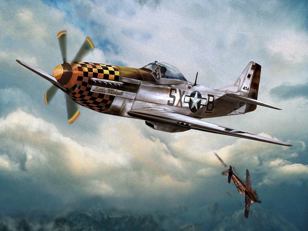 Painting Of The North American P 51 Mustang Fighter Little Midget In A Dogfight, Tail No. 414095. Wwii Aircraft, P51 Mustang, Vintage Aircraft