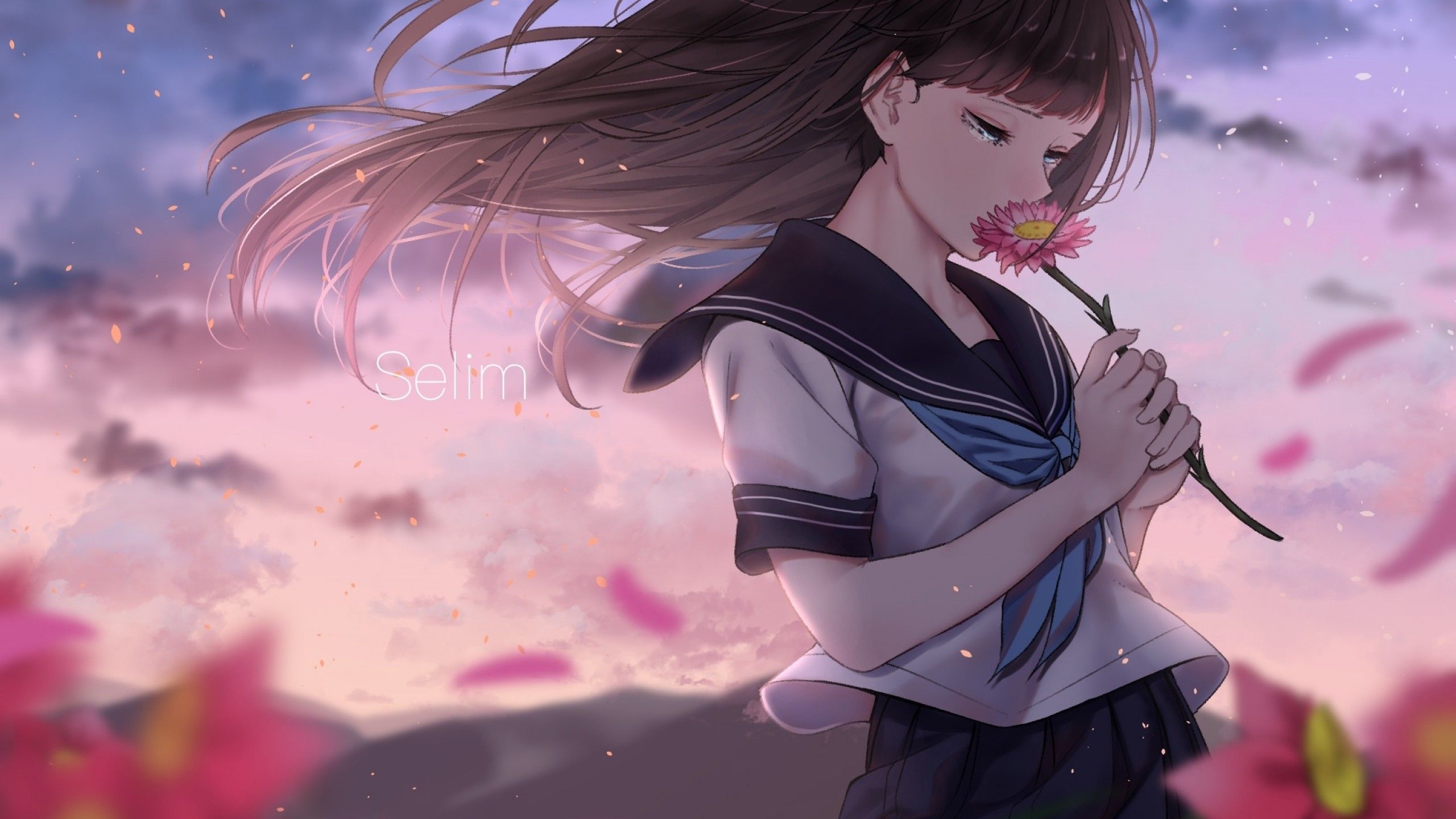 Anime Girl, Teary Eyes, Sad Expression, Wind, Flowers HD Wallpaper