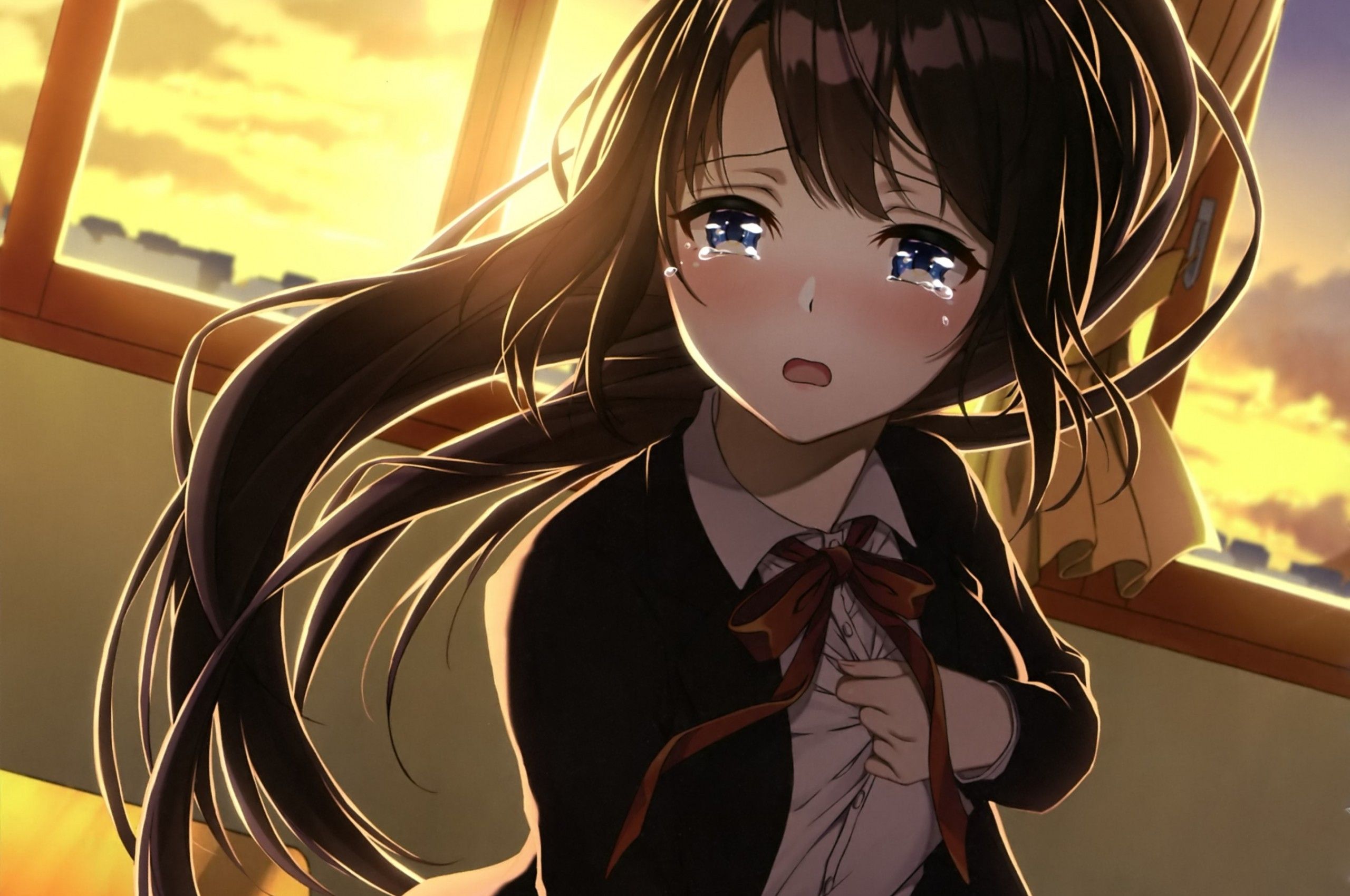 Download 2560x1700 Anime Girl, Crying, Classroom, Sad Face, Brown Hair, School Uniform, Sunset Wallpaper for Chromebook Pixel