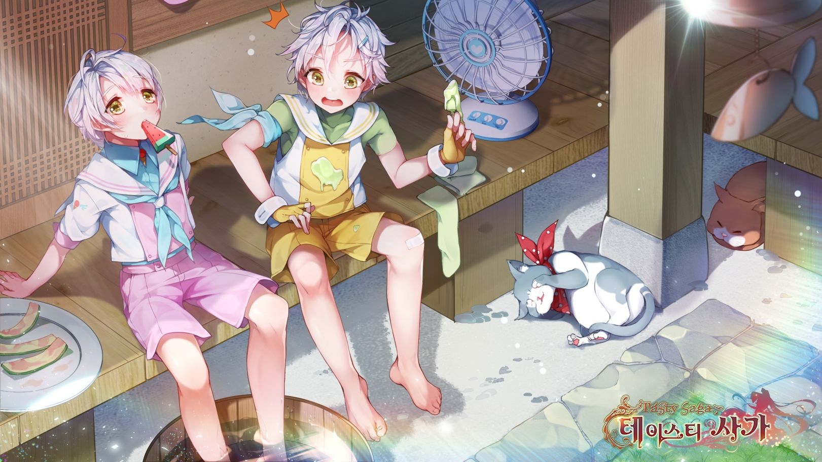 Download 1621x912 Anime Boys, Popsicle, Summer, Fan, Cat Wallpaper