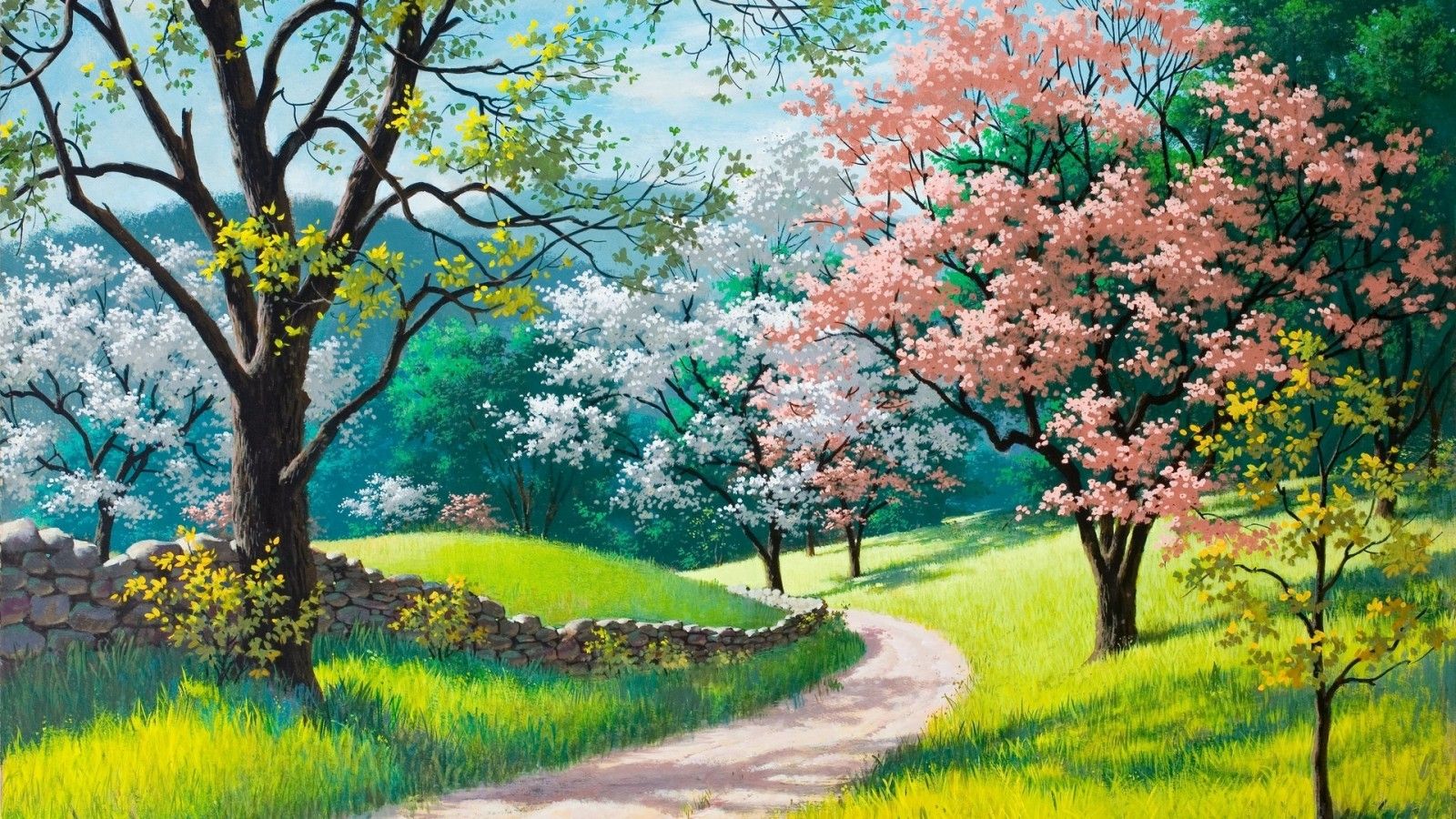 Download 1600x900 Spring, Painting, Trees, Cherry Blossom, Artwork, Path, Fence, Stones Wallpaper
