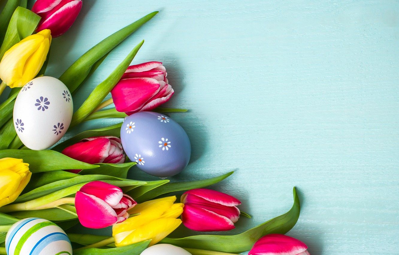 Wallpaper flowers, spring, colorful, Easter, tulips, wood, flowers, tulips, spring, Easter, eggs, decoration, Happy, the painted eggs image for desktop, section праздники