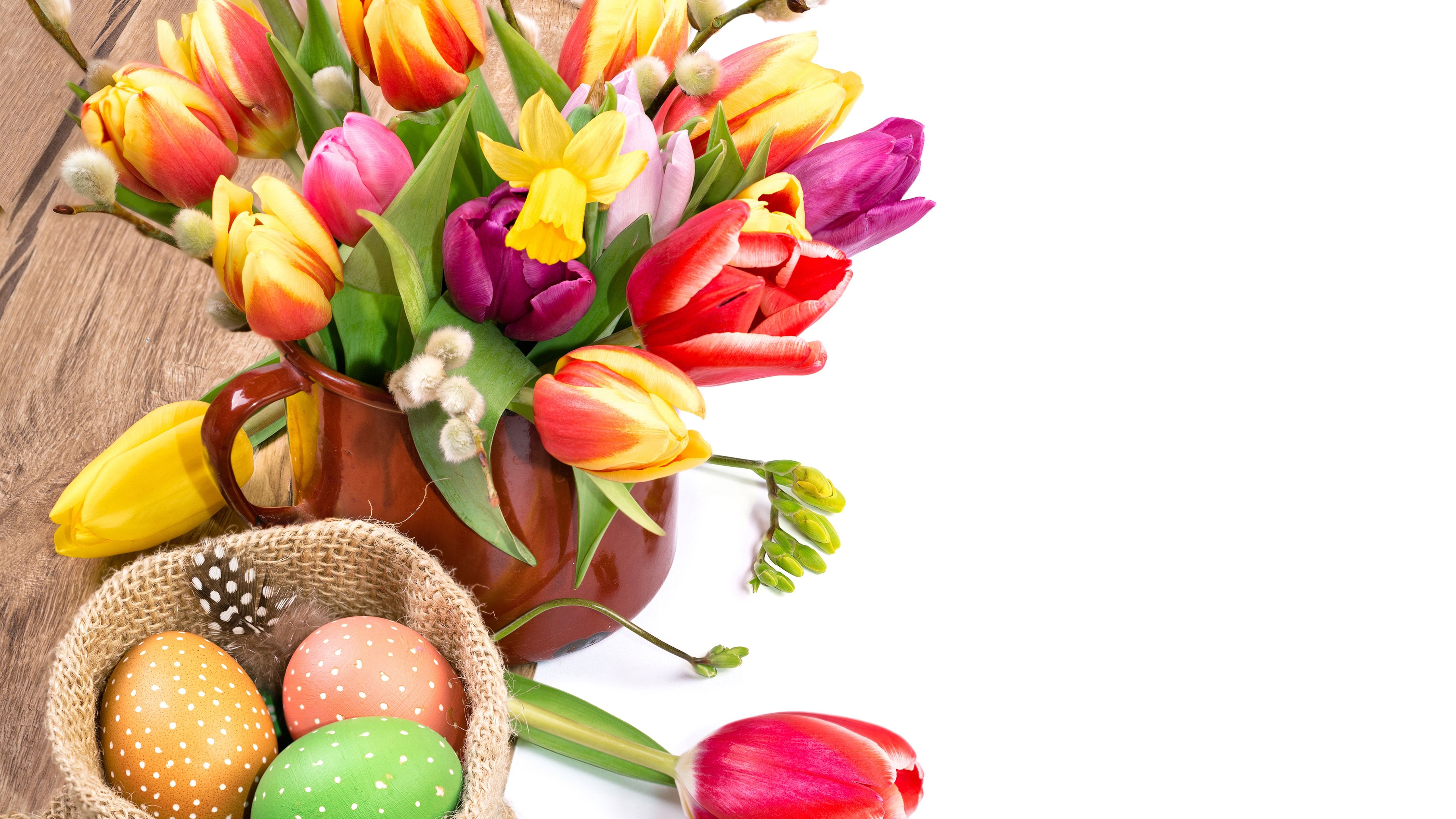 Wallpaper Easter, cup, colorful tulip flowers, eggs 5120x2880 UHD 5K Picture, Image