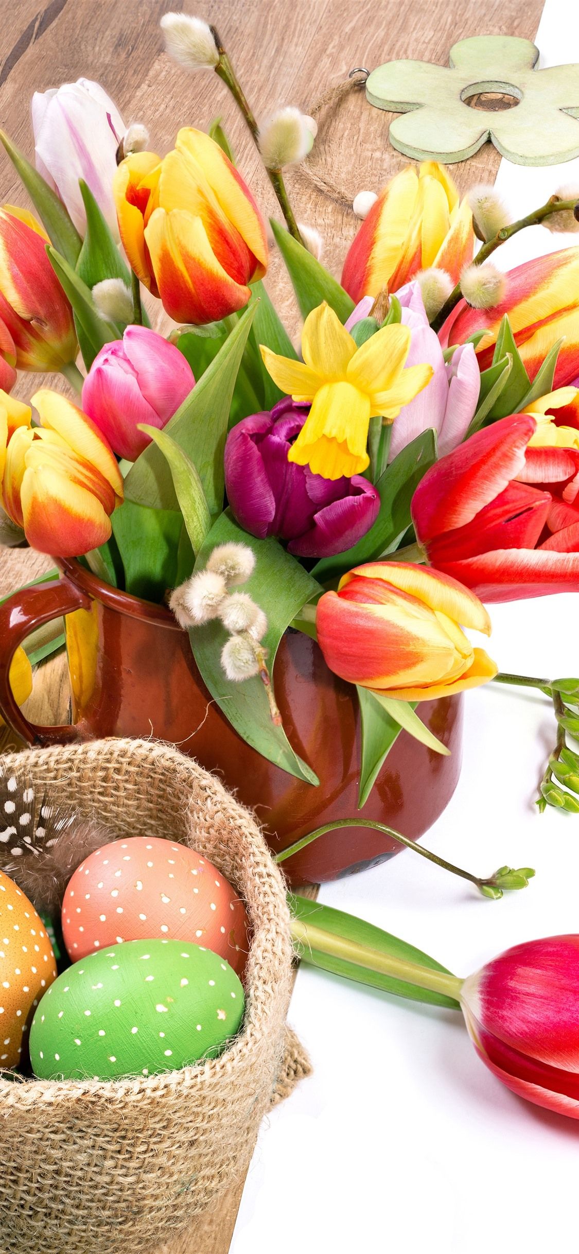 Easter, Cup, Colorful Tulip Flowers, Eggs 1125x2436 IPhone 11 Pro XS X Wallpaper, Background, Picture, Image