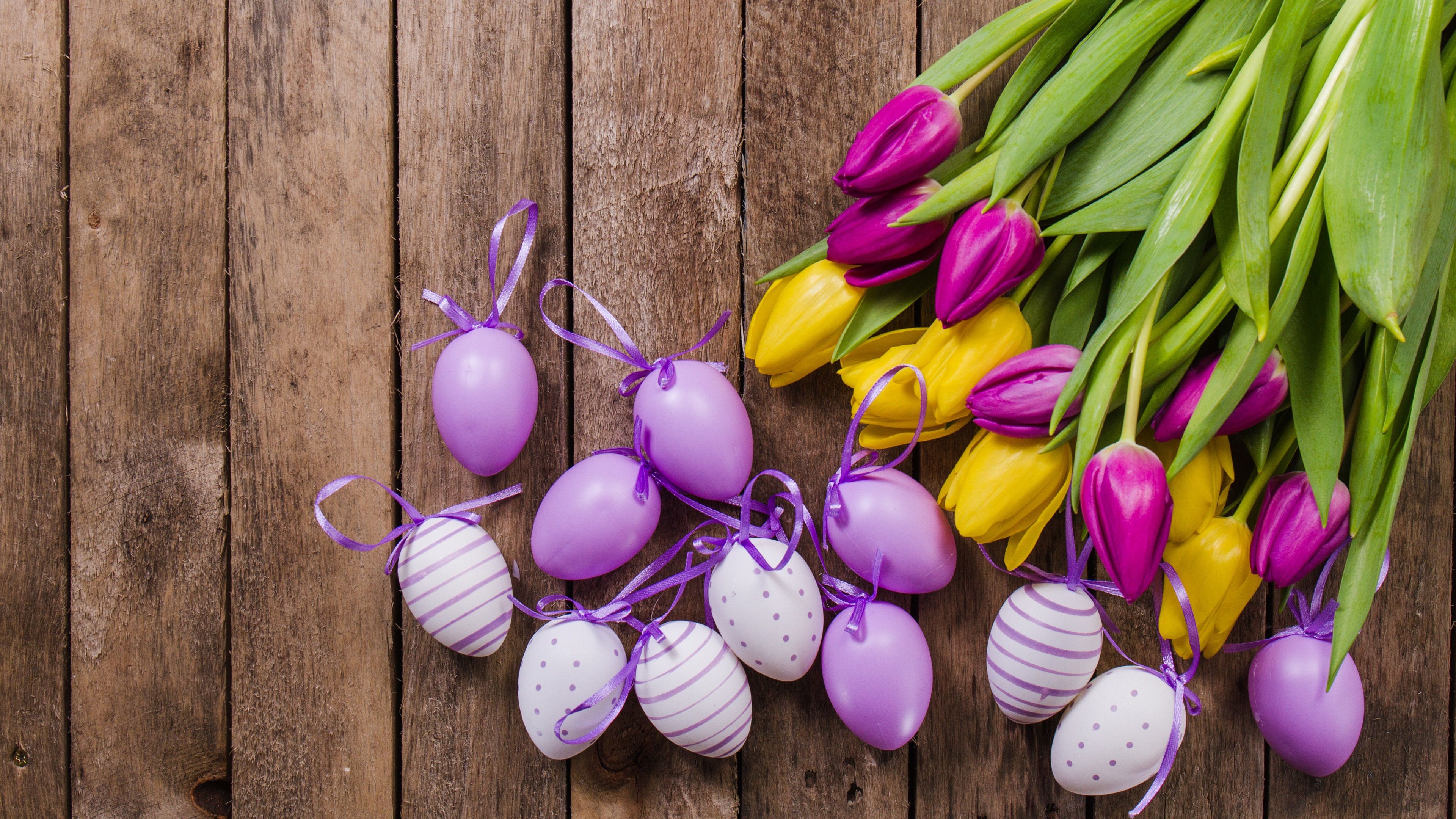 Wallpaper Yellow and purple tulips, eggs, Easter 3840x2160 UHD 4K Picture, Image