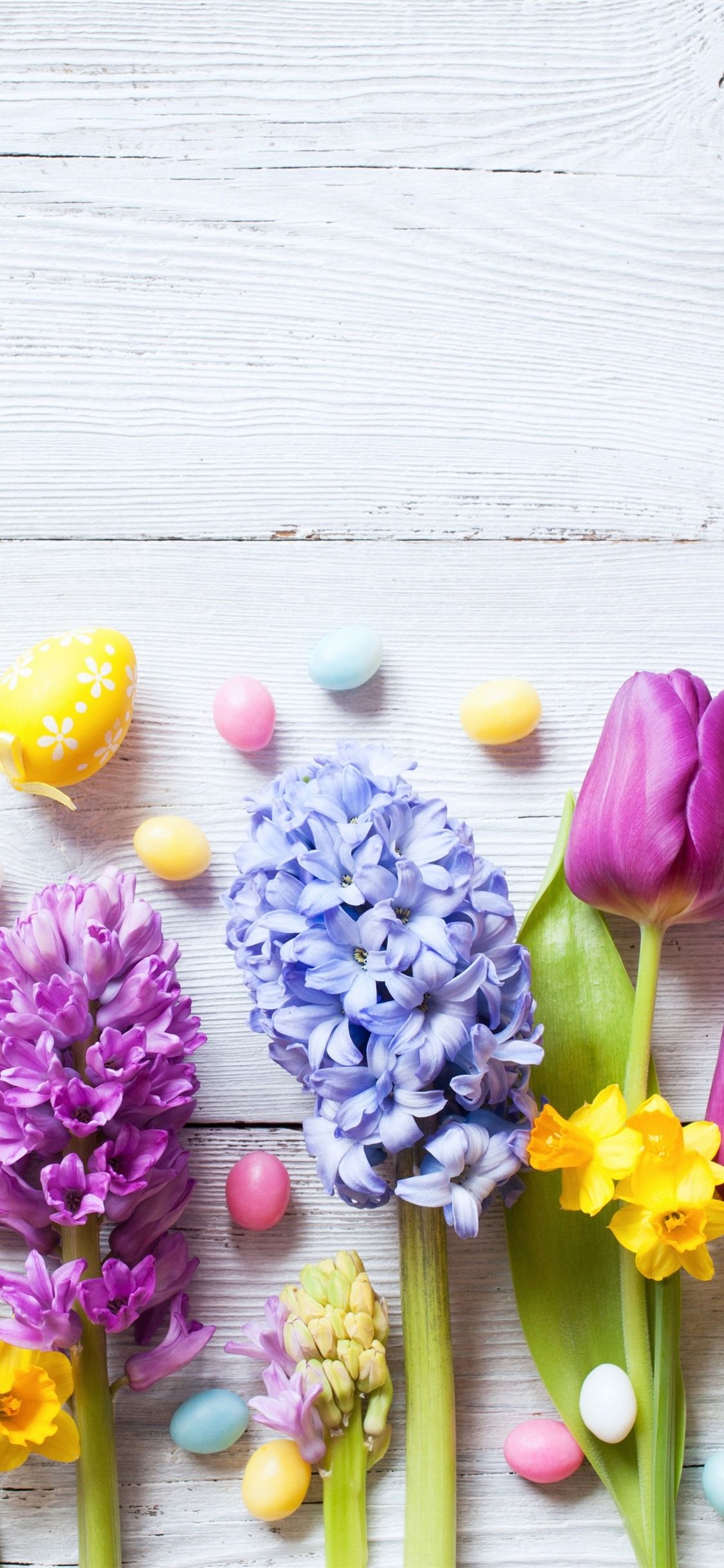 Easter, Colorful Flowers, Daffodils, Tulips, Hyacinth, Eggs 1125x2436 IPhone 11 Pro XS X Wallpaper, Background, Picture, Image