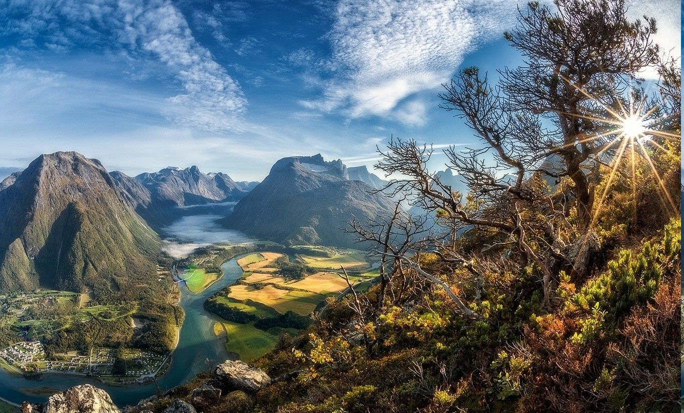 cityscape sun rays valley trees mountain river field clouds summer norway nature landscape wallpaper