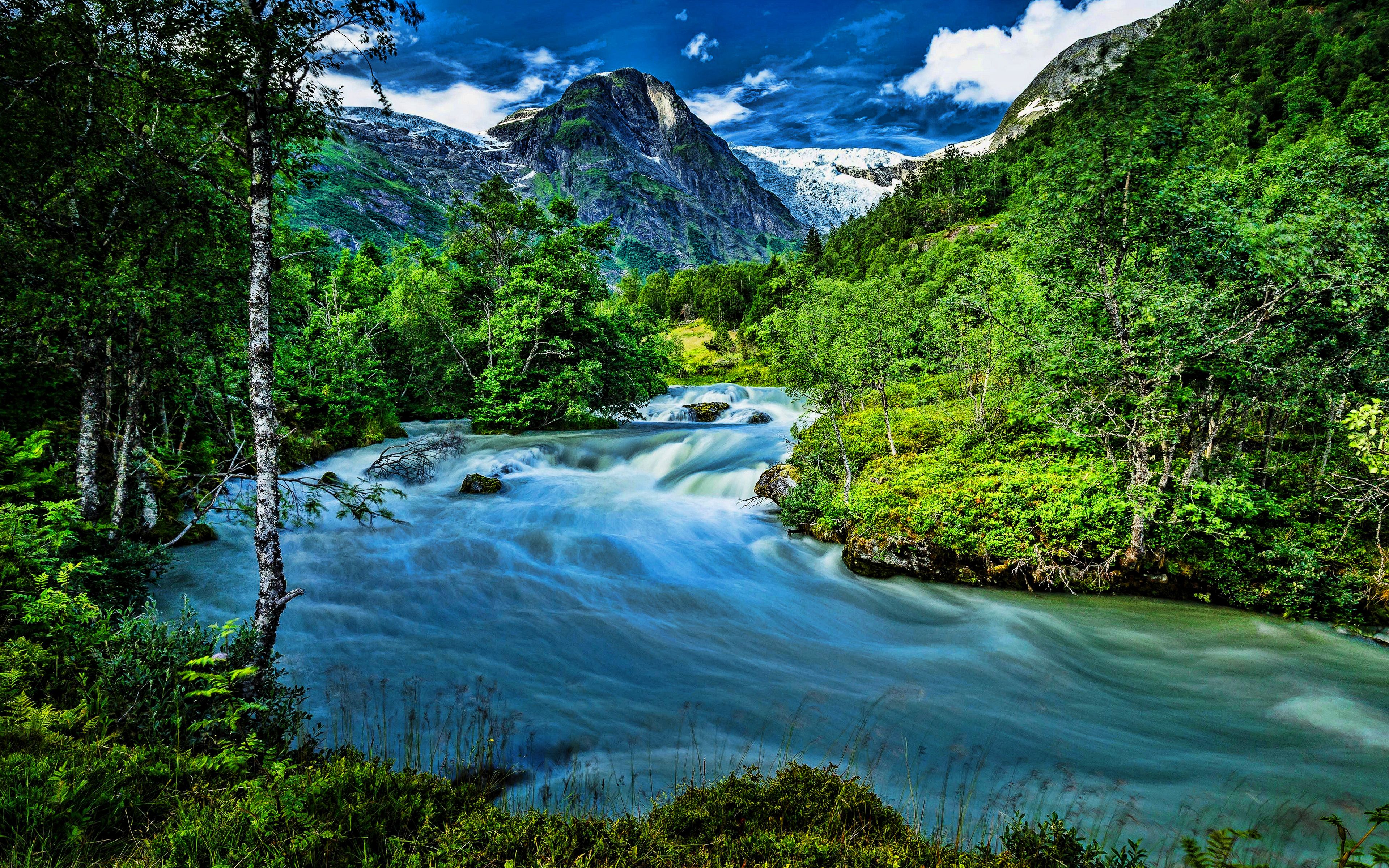 Download wallpaper Norway, beautiful nature, HDR, mountain river, forest, mountains, summer, Europe, norwegian nature for desktop with resolution 3840x2400. High Quality HD picture wallpaper