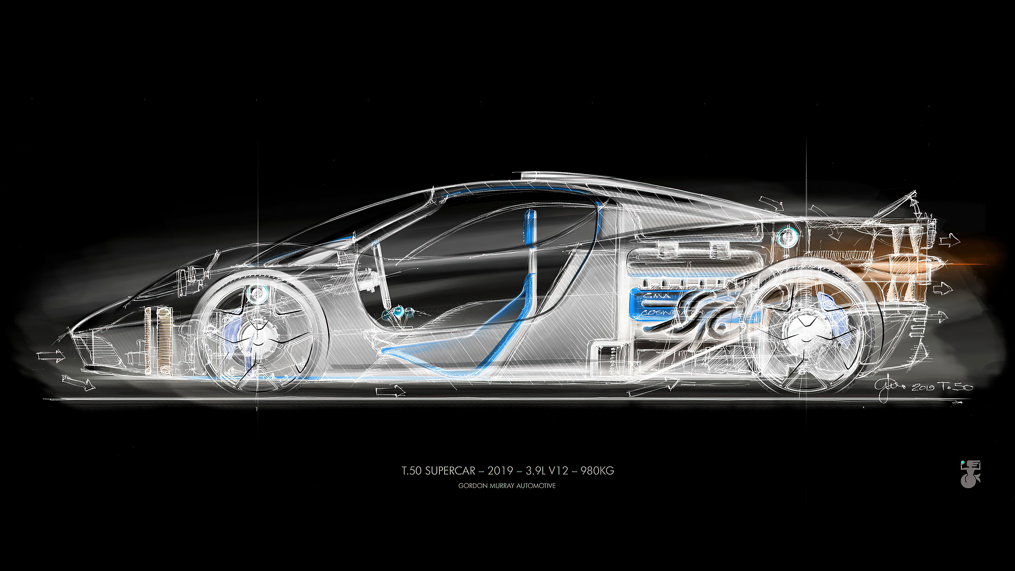 Gordon Murray's T.50 Supercar Sketch Inverted [3840x2160]