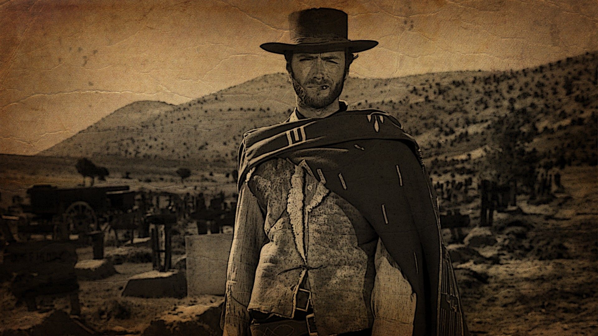 Clint Eastwood Western Sepia Cowboys Movies Wallpaper:1920x1080