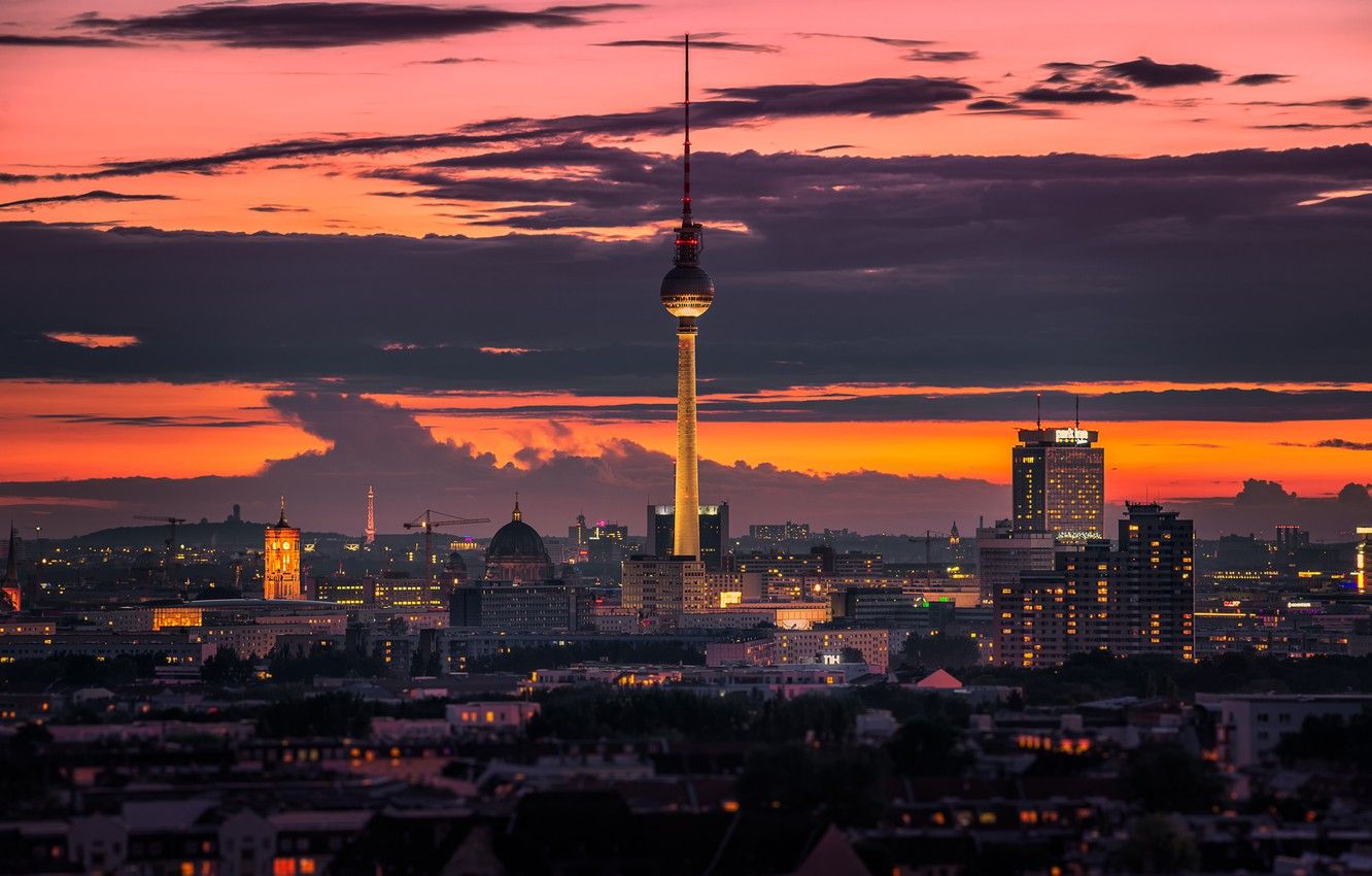 Wallpaper twilight, Germany, sunset, dusk, Berlin, cityscape, TV tower, TV Tower image for desktop, section город