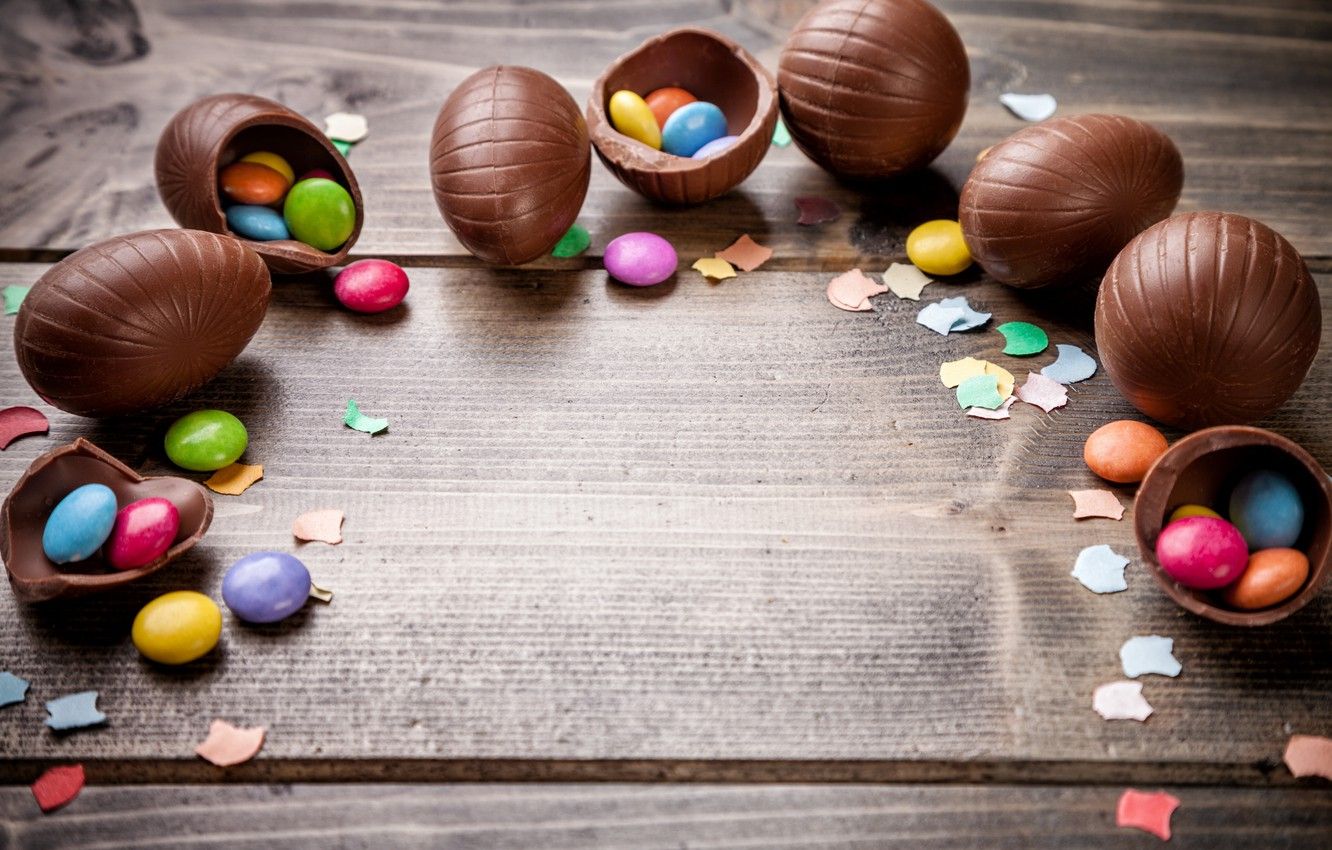 Wallpaper chocolate, eggs, colorful, candy, Easter, wood, chocolate, spring, Easter, eggs, candy, decoration, Happy image for desktop, section праздники