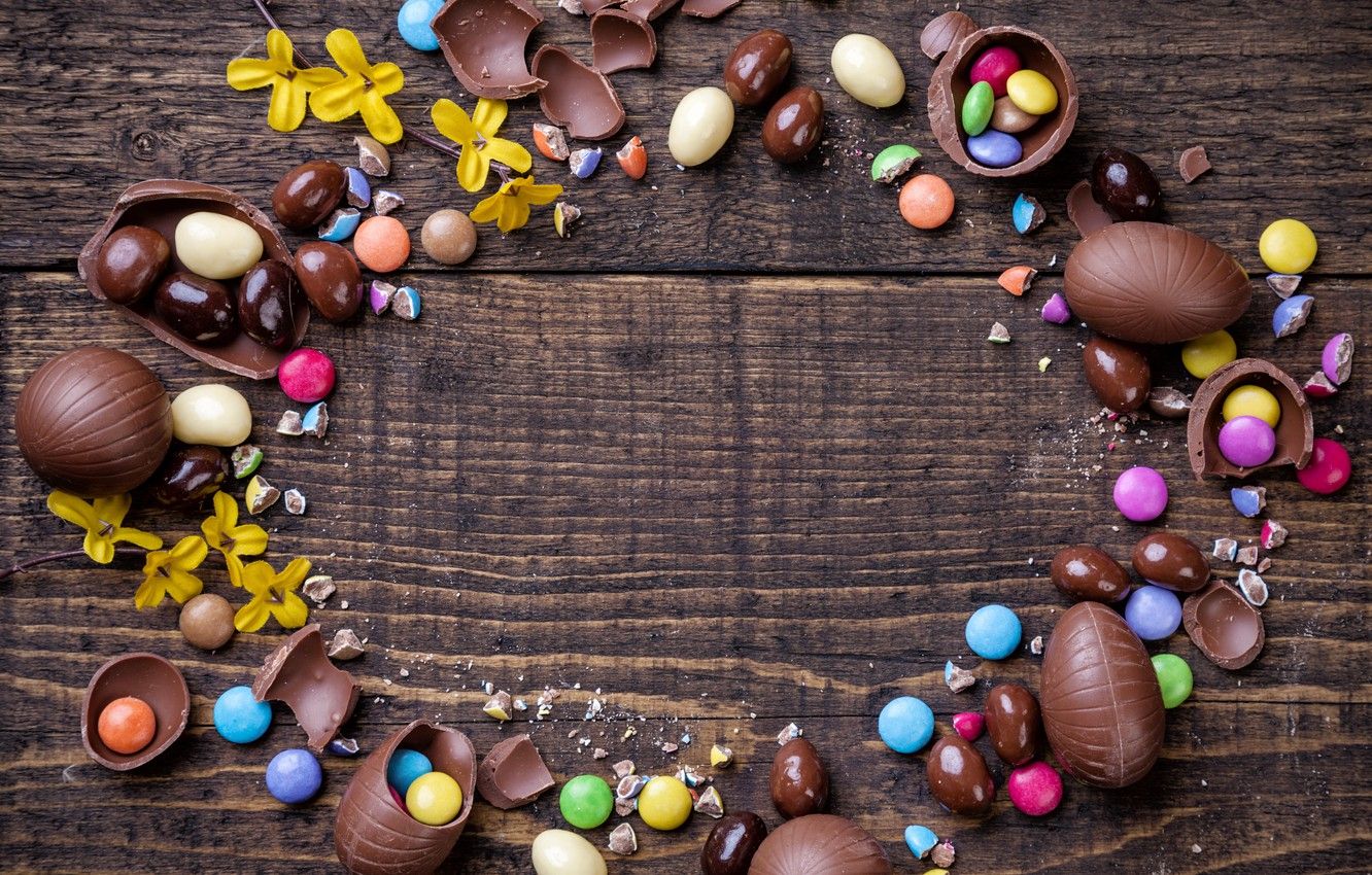 Wallpaper chocolate, eggs, colorful, candy, Easter, wood, chocolate, spring, Easter, eggs, candy, decoration, Happy image for desktop, section праздники