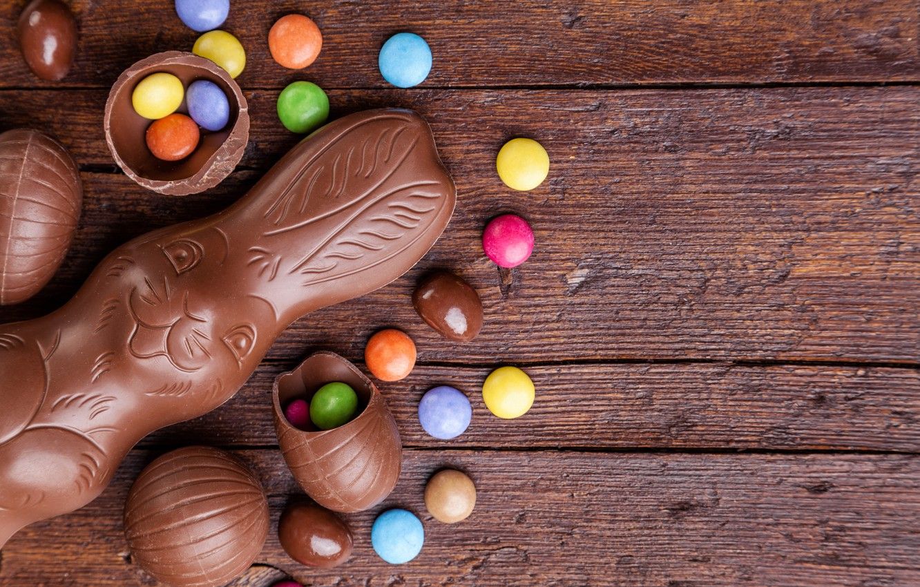 Wallpaper chocolate, eggs, colorful, rabbit, candy, Easter, wood, chocolate, spring, Easter, eggs, bunny, candy, decoration, Happy image for desktop, section праздники